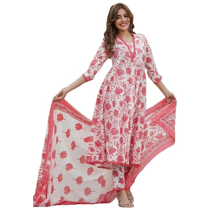 Lookmark Women's Printed Cotton Blend A-Line Kurta Pant Dupatta Set With Lace - Elegant Ethnic Wear For Women - Perfect For Casual And Festive Occasions (Az-Lm-Og-Ks2114 Red-M)