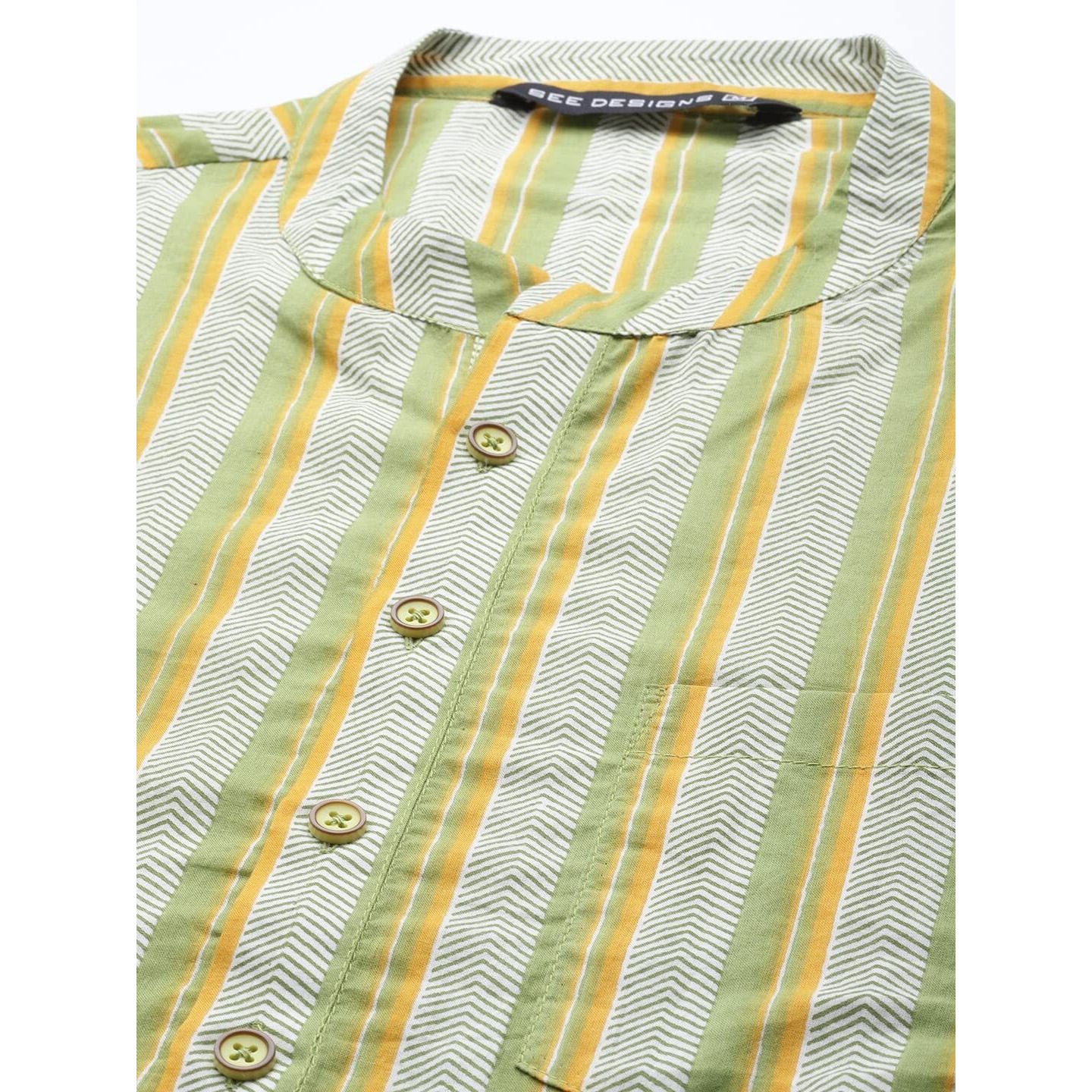 See Designs Yellow & White Cotton Regular Fit Mandarin Collar Printed Kurta Set_Sdkt98501Xs