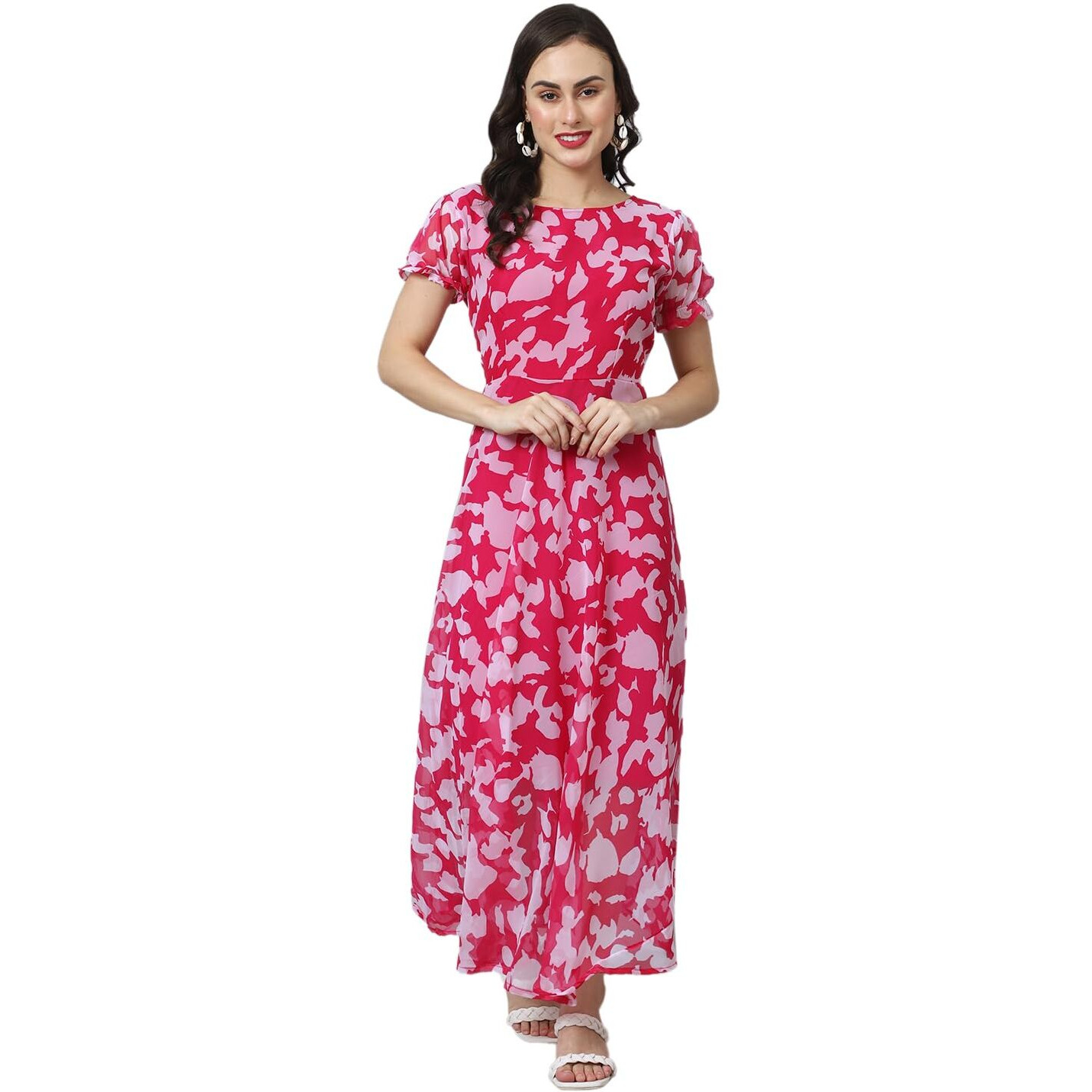 Shasmi Georgette Women Flare Calf Length Gown For (Digital Designing Maxi Dress_Pink_M)