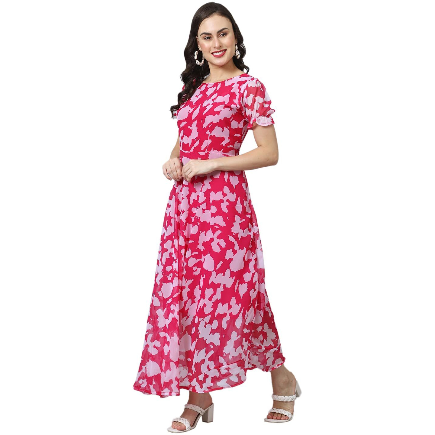 Shasmi Georgette Women Flare Calf Length Gown For (Digital Designing Maxi Dress_Pink_M)