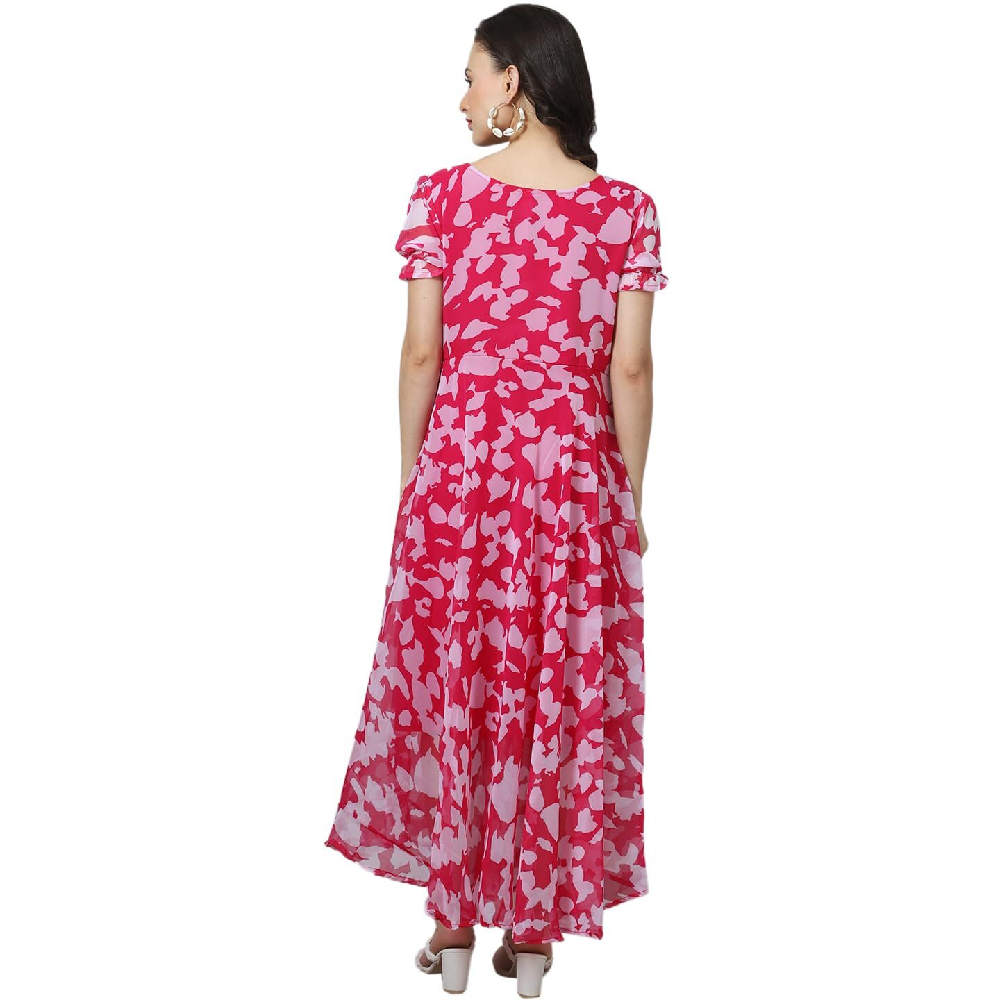 Shasmi Georgette Women Flare Calf Length Gown For (Digital Designing Maxi Dress_Pink_M)