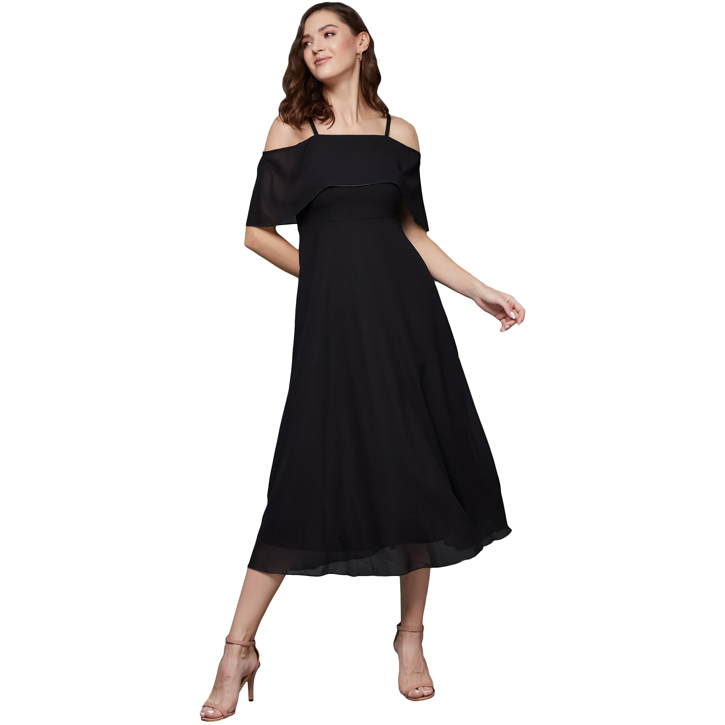 Miss Chase Women's Black Solid Sleeveless Spaghetti Strap Off Shoulder Midi Skater Bardot Dress (Mcaw17D10-06-62_Black_S)