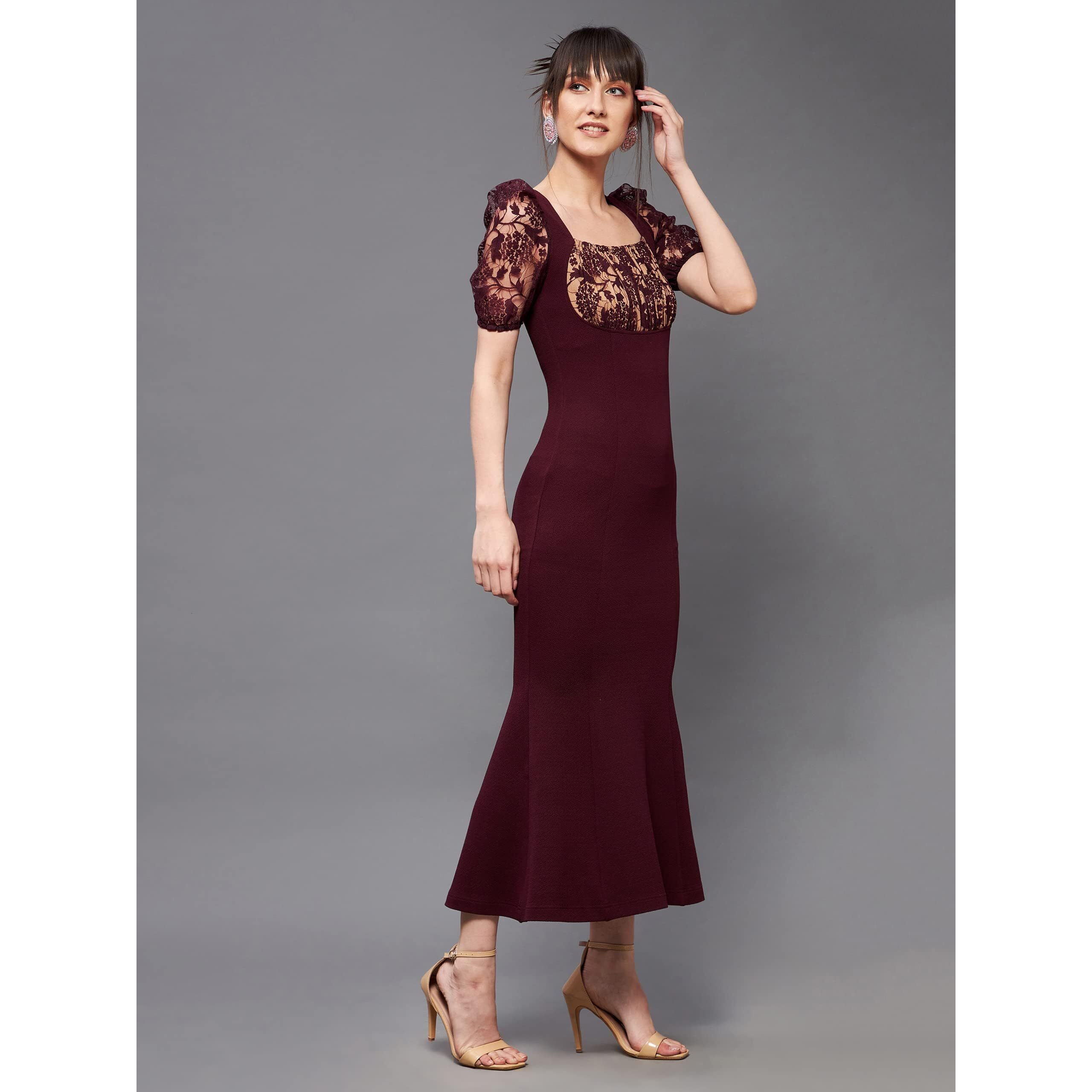 Miss Chase Women's Wine Square Neck Short Puff Sleeve Self Design Lace Overlaid Bodycon Midi Dress (Mcss22D13-48-184-03, Wine, S)