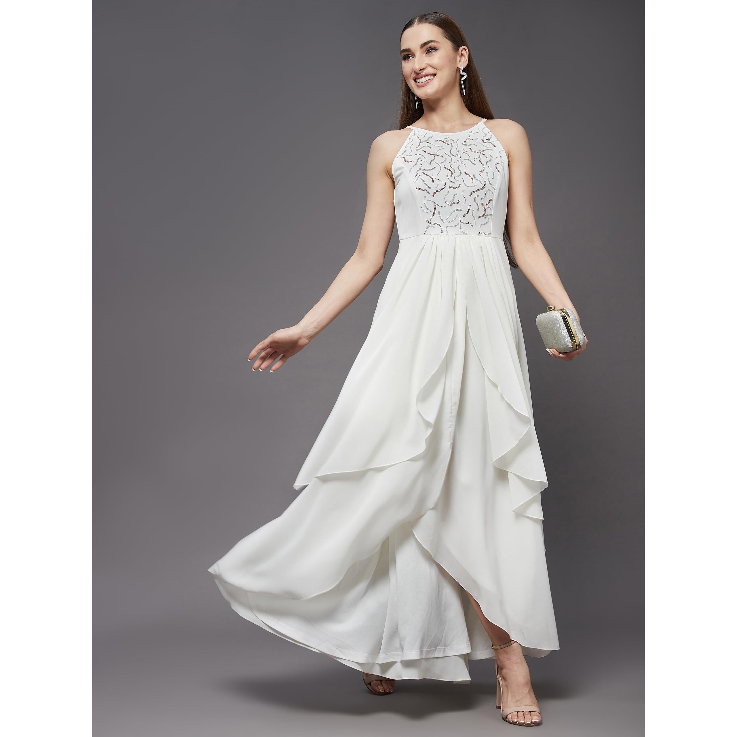 Miss Chase Women's Teal Round Neck Sleeveless Solid Embellished Maxi Dress (Small, Off White)