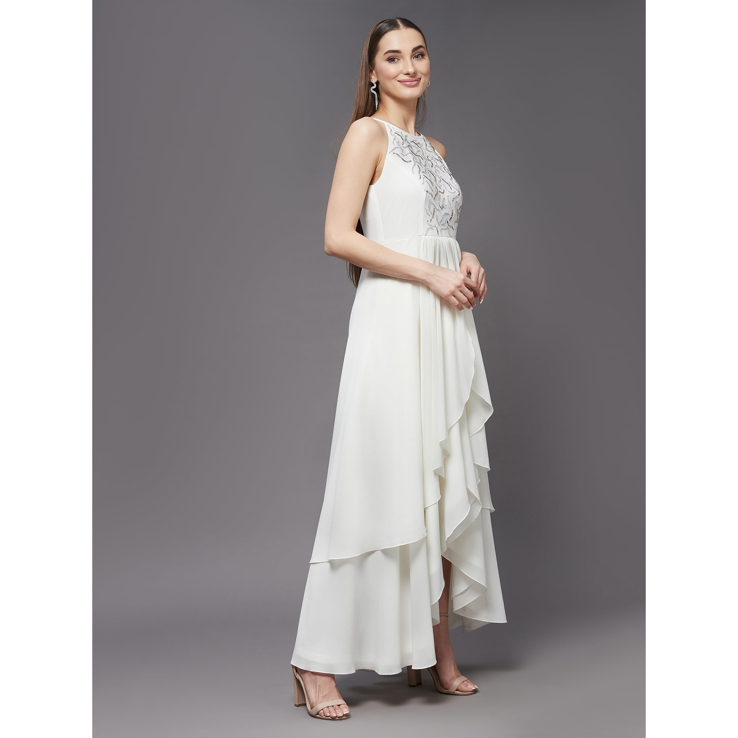 Miss Chase Women's Teal Round Neck Sleeveless Solid Embellished Maxi Dress (Small, Off White)
