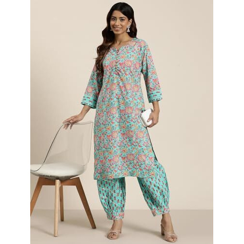 Shiv Textiles Cotton Printed Kurta Set For Women.(Kp-212-Blue-M)