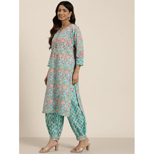 Shiv Textiles Cotton Printed Kurta Set For Women.(Kp-212-Blue-M)
