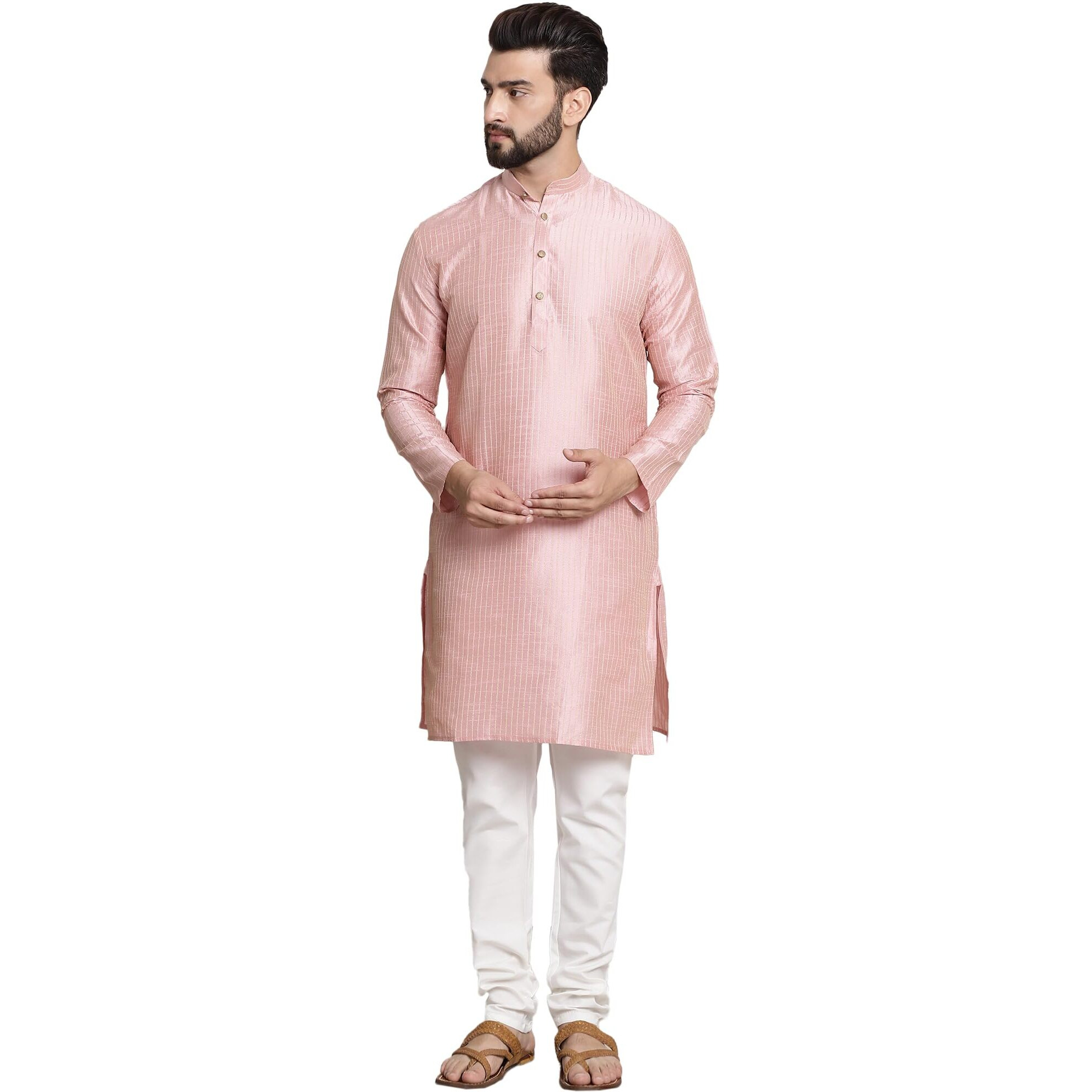 Sojanya (Since 1958 Men's Silk Blend Pink Pintex Kurta And White Churidar Pyjama Set