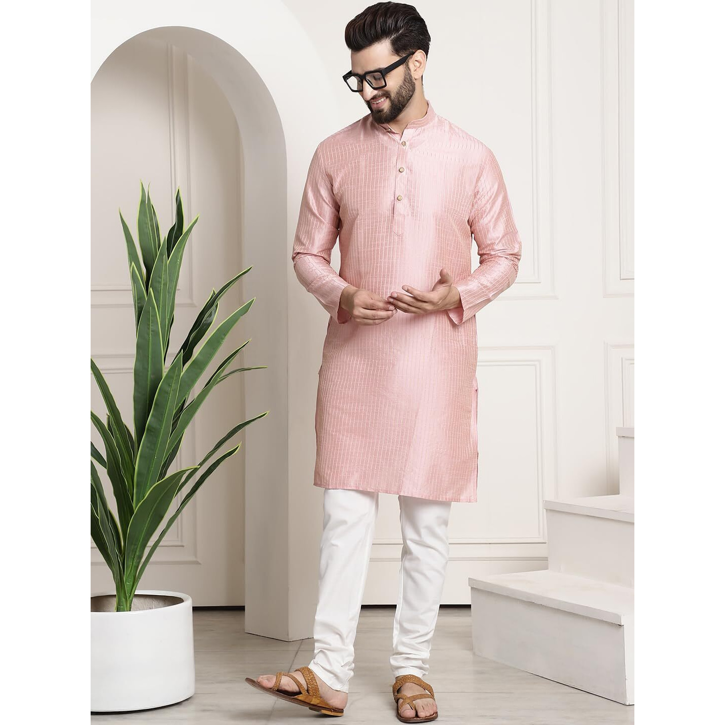Sojanya (Since 1958 Men's Silk Blend Pink Pintex Kurta And White Churidar Pyjama Set