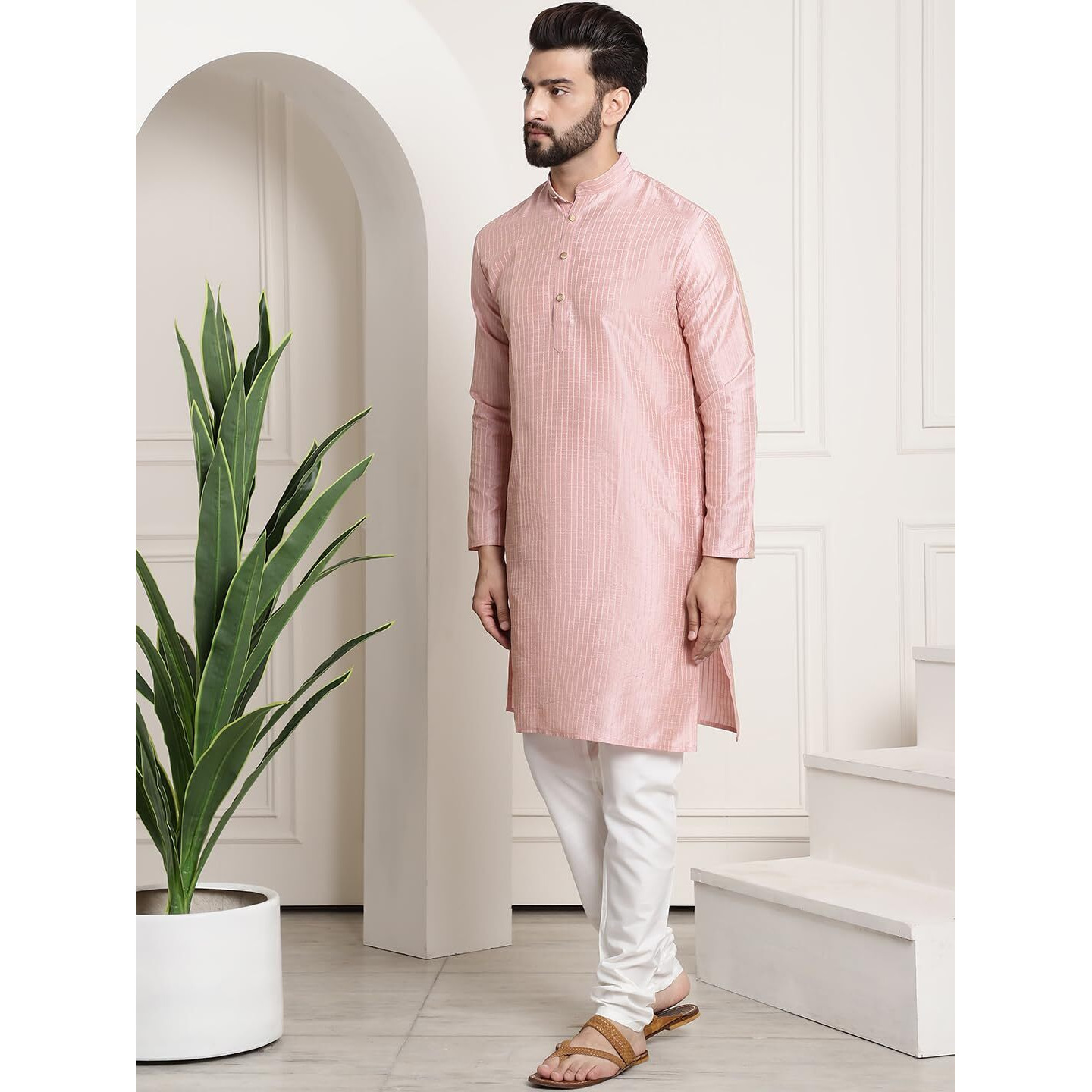 Sojanya (Since 1958 Men's Silk Blend Pink Pintex Kurta And White Churidar Pyjama Set