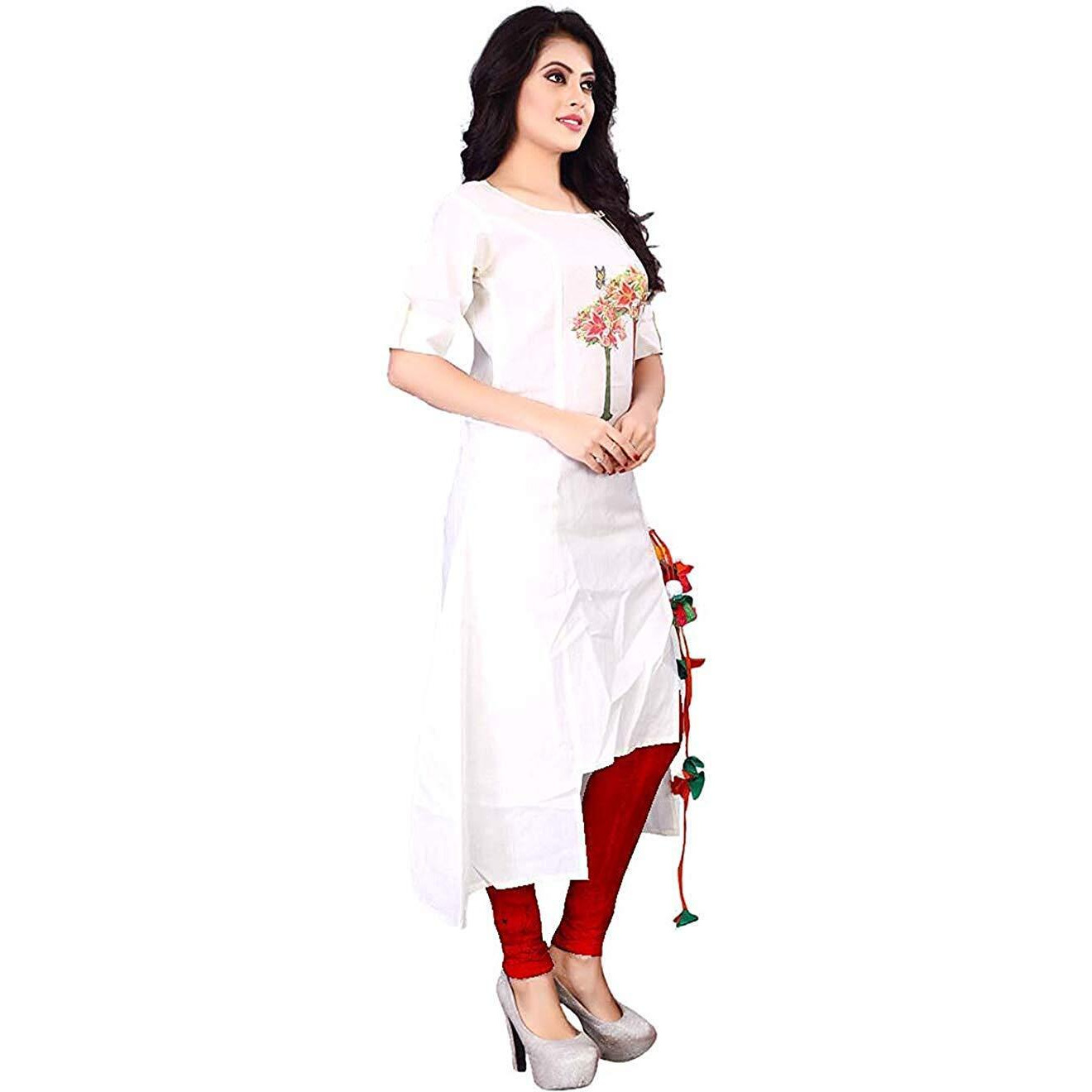 Om Sai Latest Creation Women's Slub-Rayon Half Sleeve Anarkli Kurti (White, Xx-Large)
