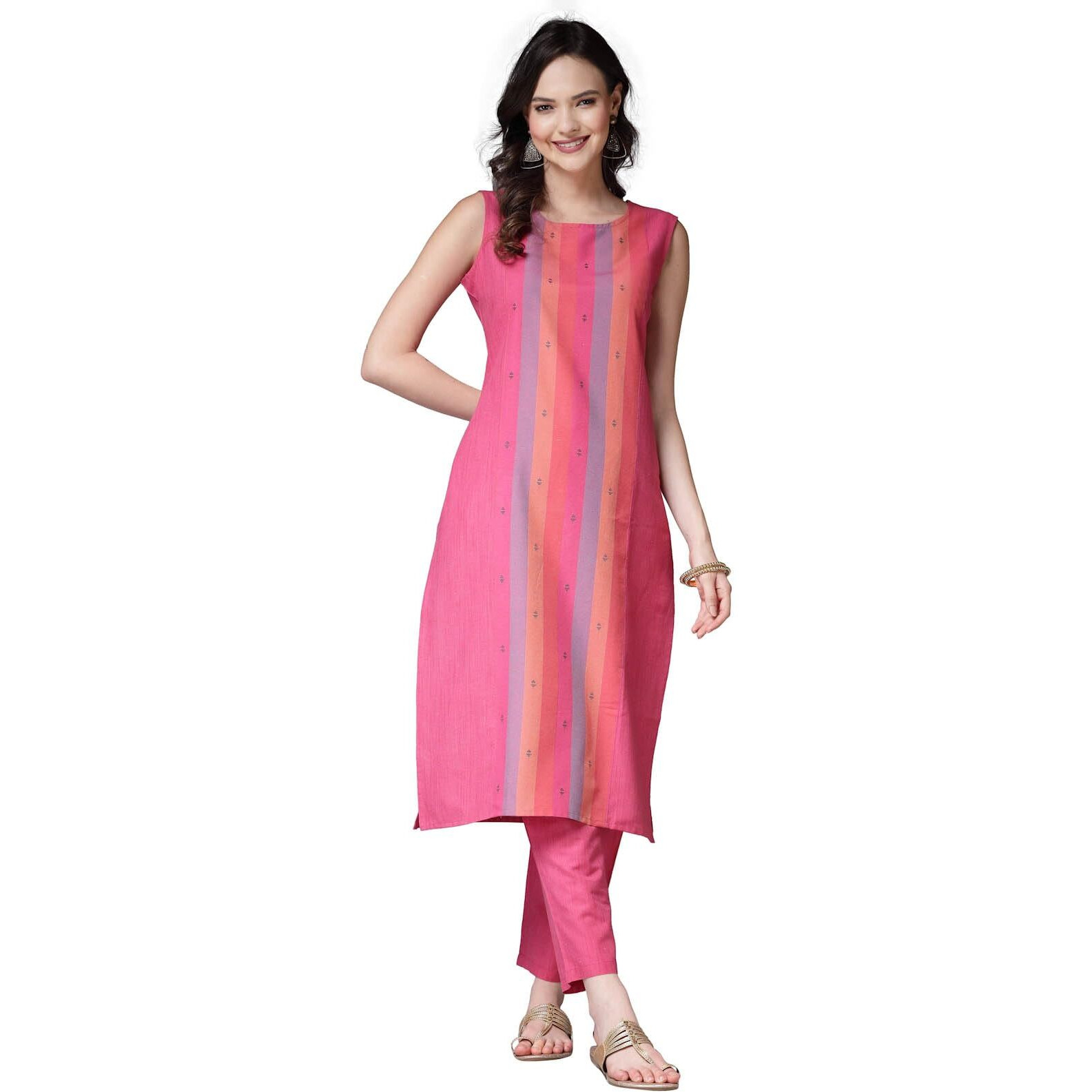 Stylum Women's Woven Designed Cotton Blend Straight Kurta Pant Set (Kpxpinktaj40_Pink, L)