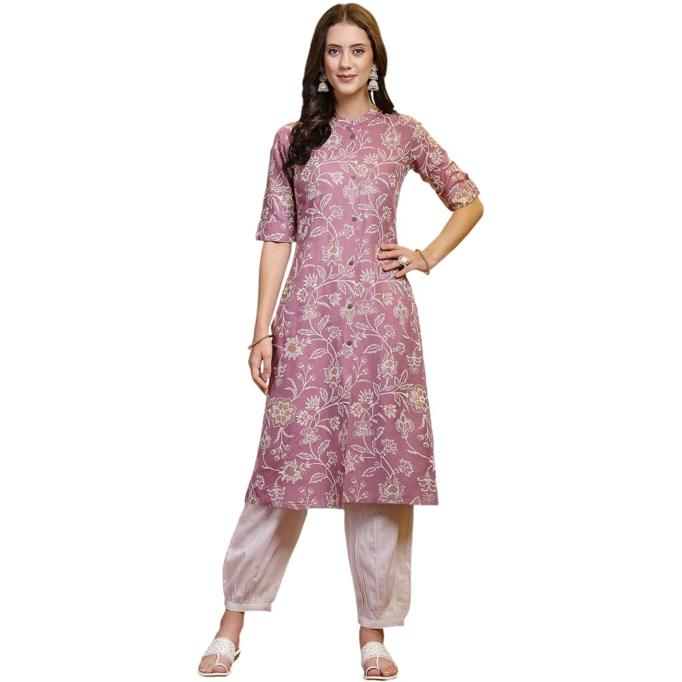 Stylum Women's Mauve Floral Printed Rayon A-Line Kurta Pant Set