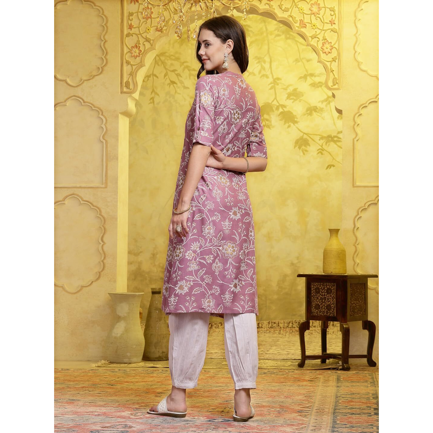 Stylum Women's Mauve Floral Printed Rayon A-Line Kurta Pant Set