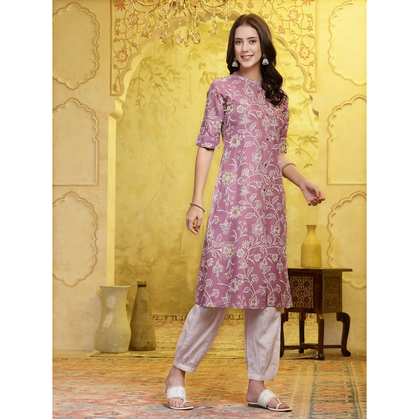 Stylum Women's Mauve Floral Printed Rayon A-Line Kurta Pant Set