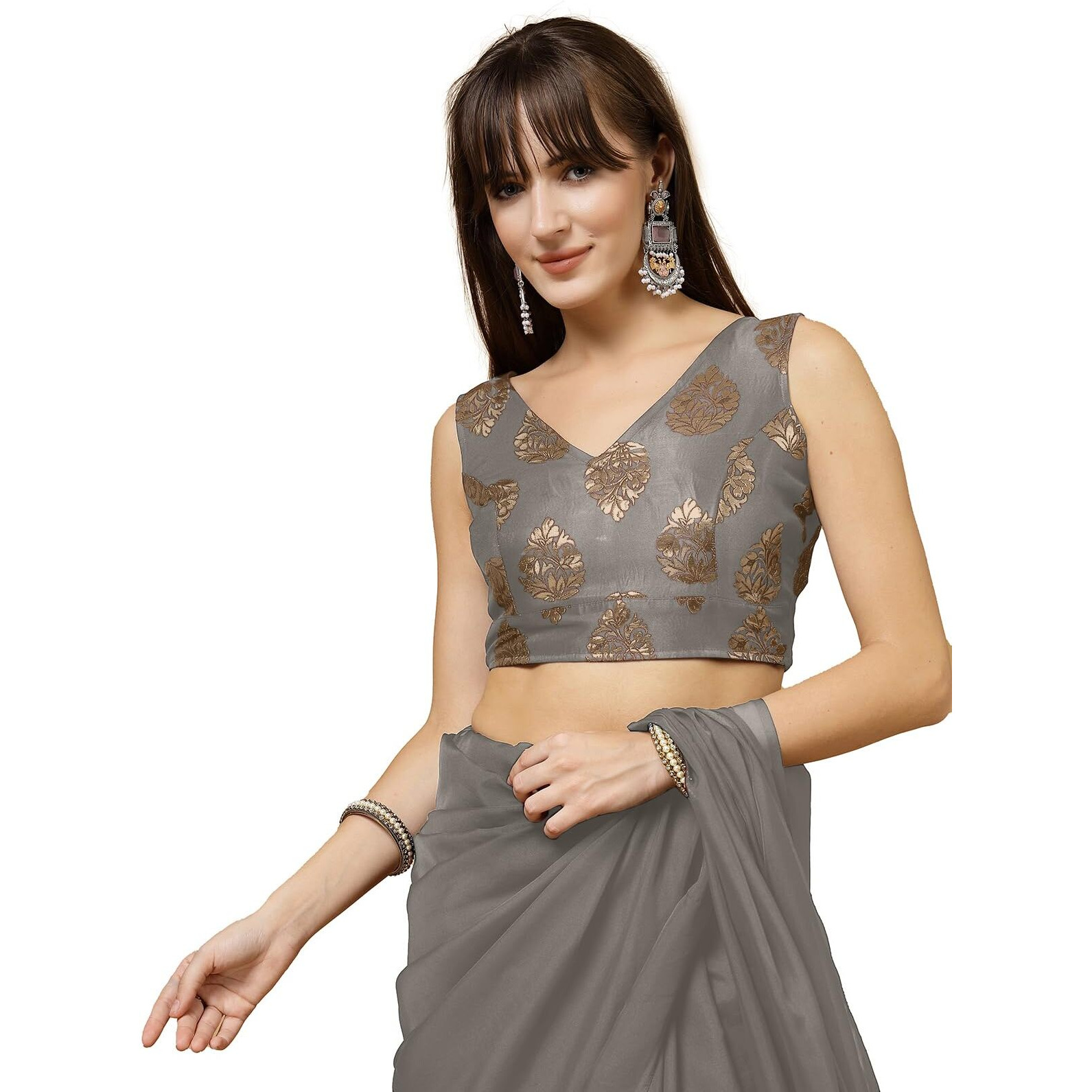 Oomph Women's Indian Ethnic Wear Designer Big Paisley Pattern Zari Work V Neck Sleeveless Cloud Grey Color Brocade Readymade Blouse For Saree Or Lehnga And Fusion Twist. L