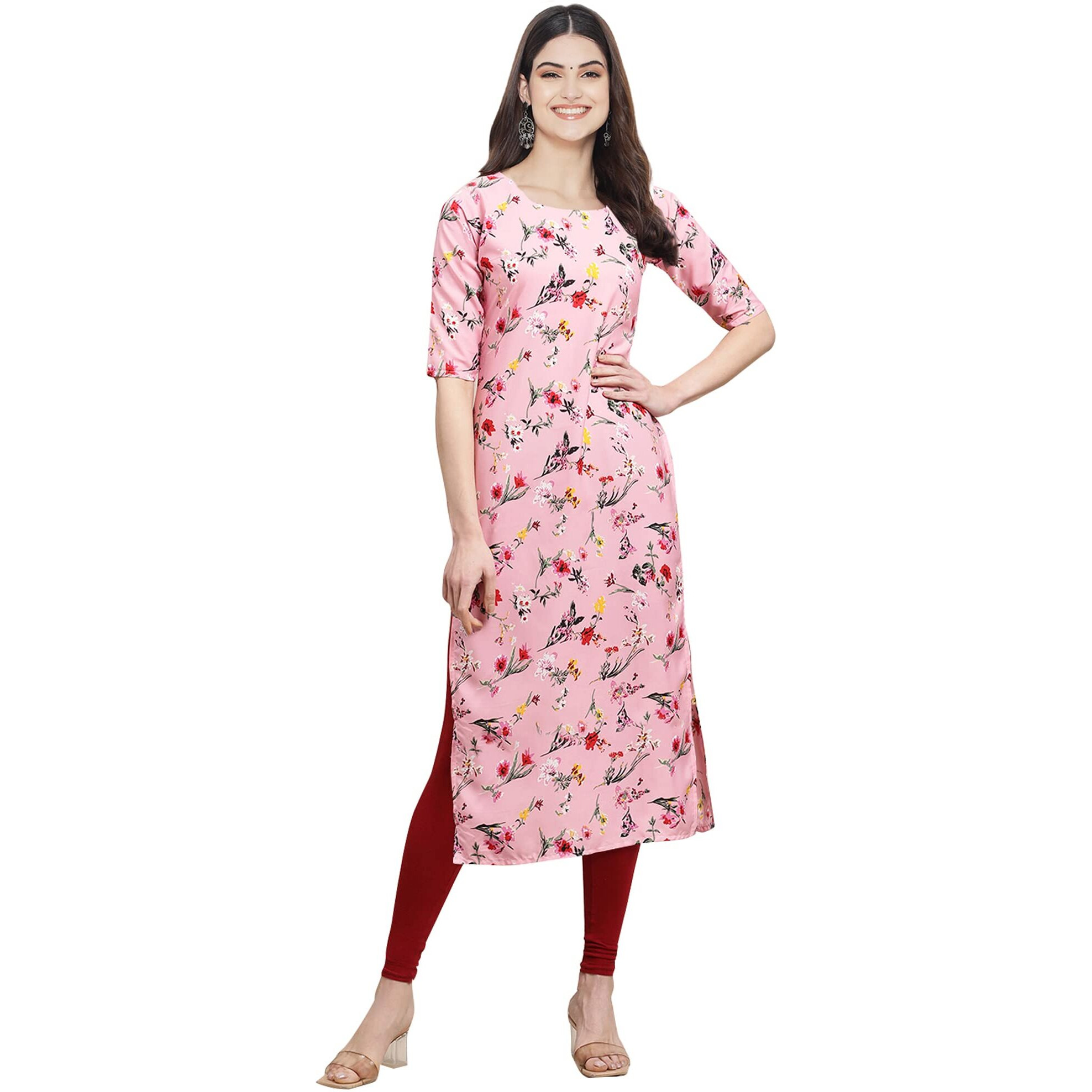 Pinkmint Women's Crepe Baby Pink Color Floral Printed Straight Kurti (530339-Xl)