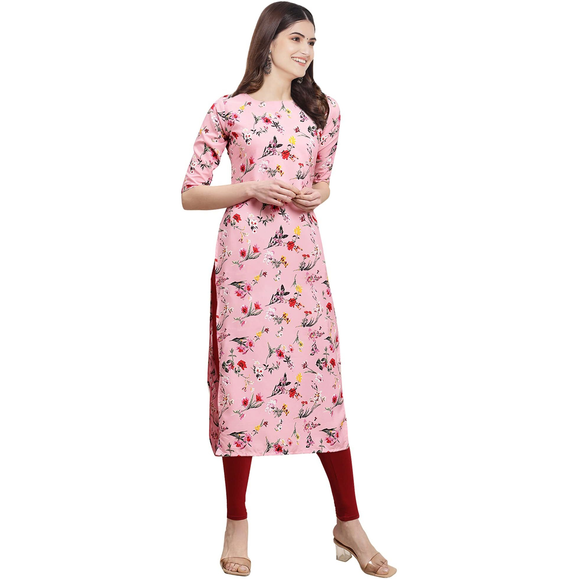 Pinkmint Women's Crepe Baby Pink Color Floral Printed Straight Kurti (530339-Xl)