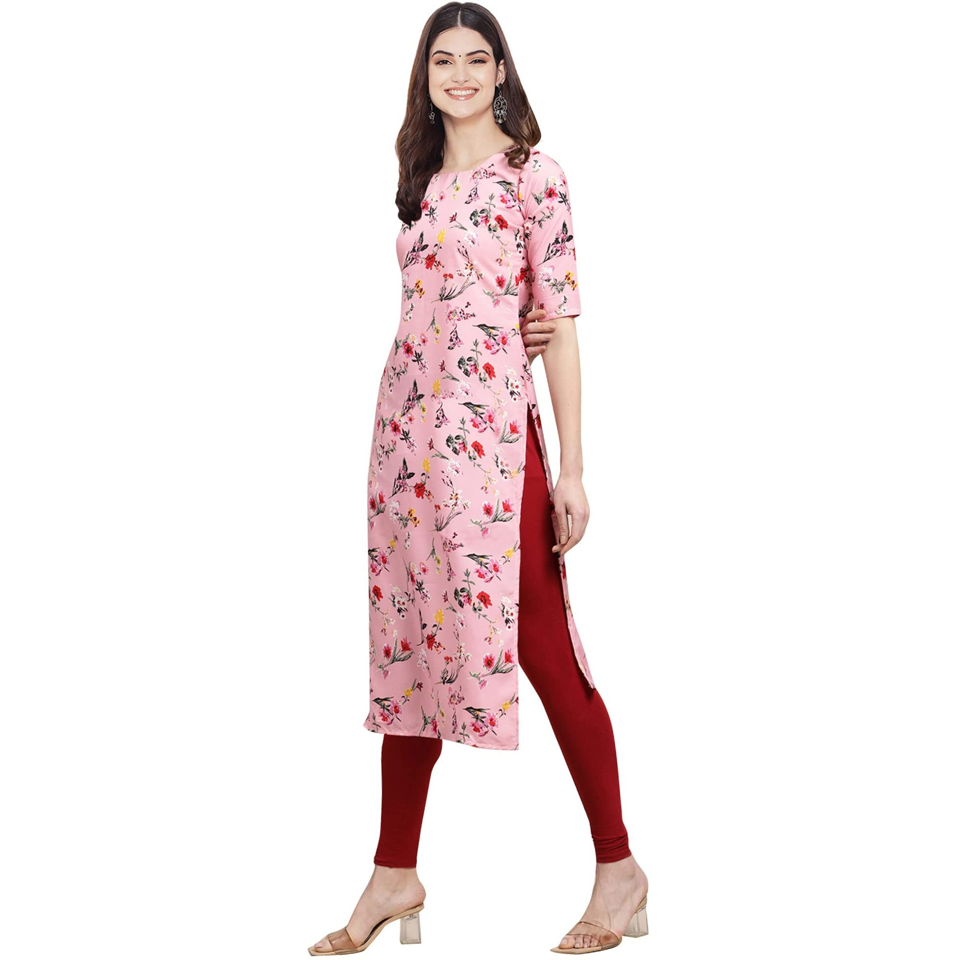 Pinkmint Women's Crepe Baby Pink Color Floral Printed Straight Kurti (530339-Xl)