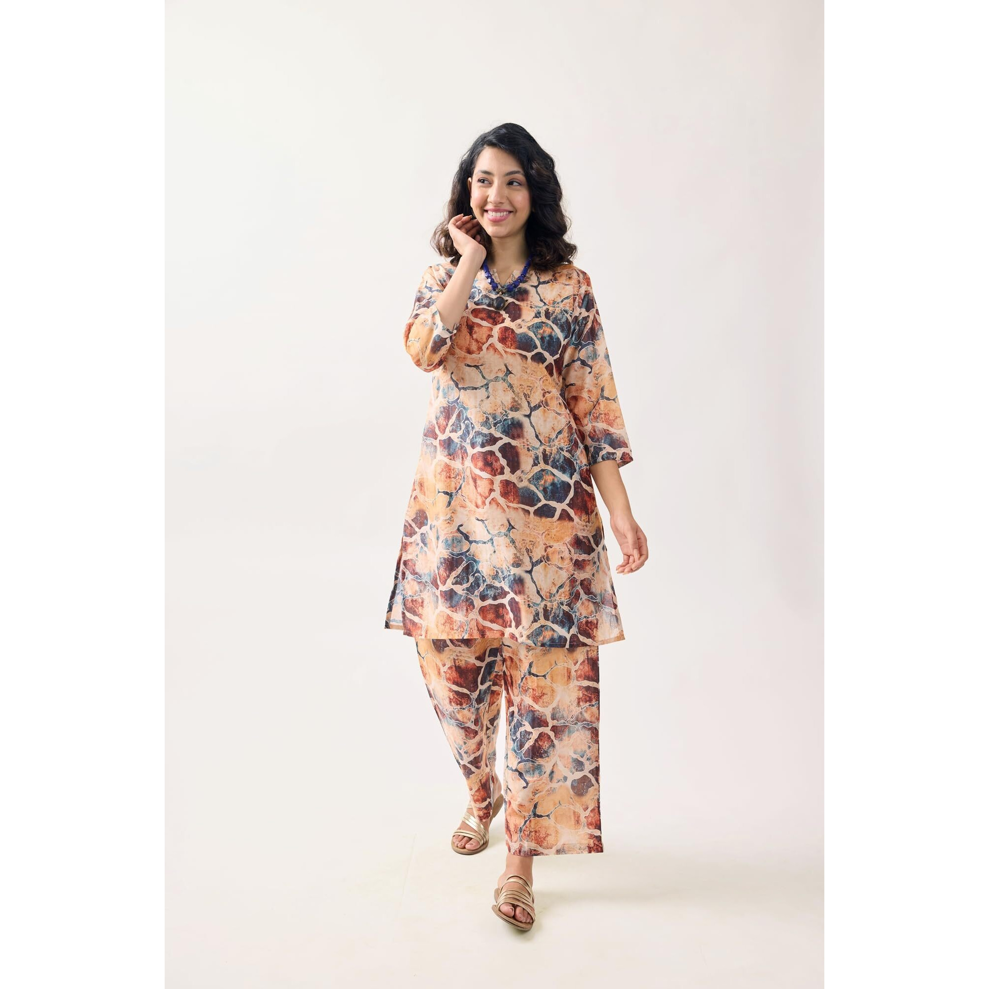 Toochki Women's Muslin Midi Co Ord Set Dress (Toochki280-Cd/M_Multicolour