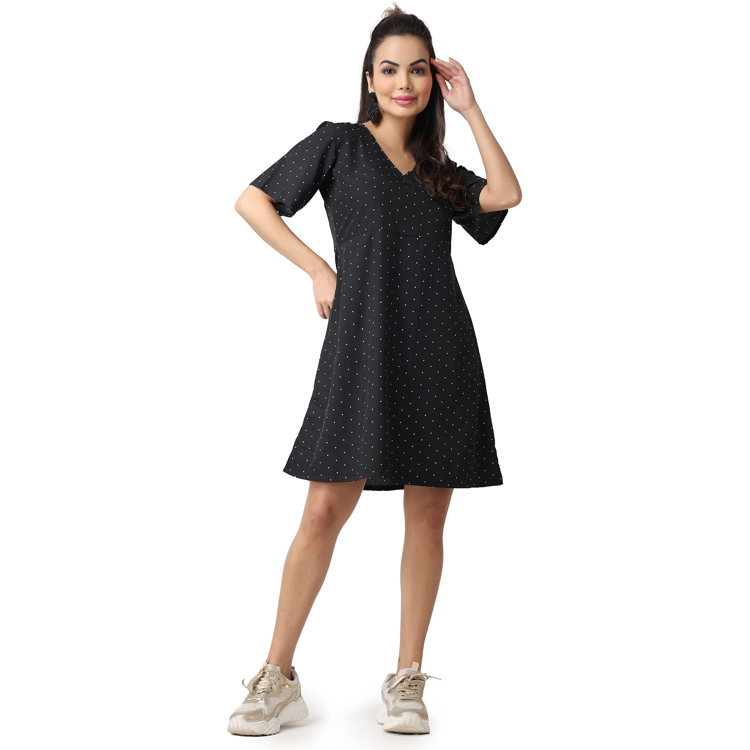 Popwings Casual Printed V-Neck Short Sleeves Knee-Length Fit And Flare Dress For Women || Frokc-Style Summer Wear Dresses For Women || Loose-Fit Comfortable Women Dress For Regular Wear Black