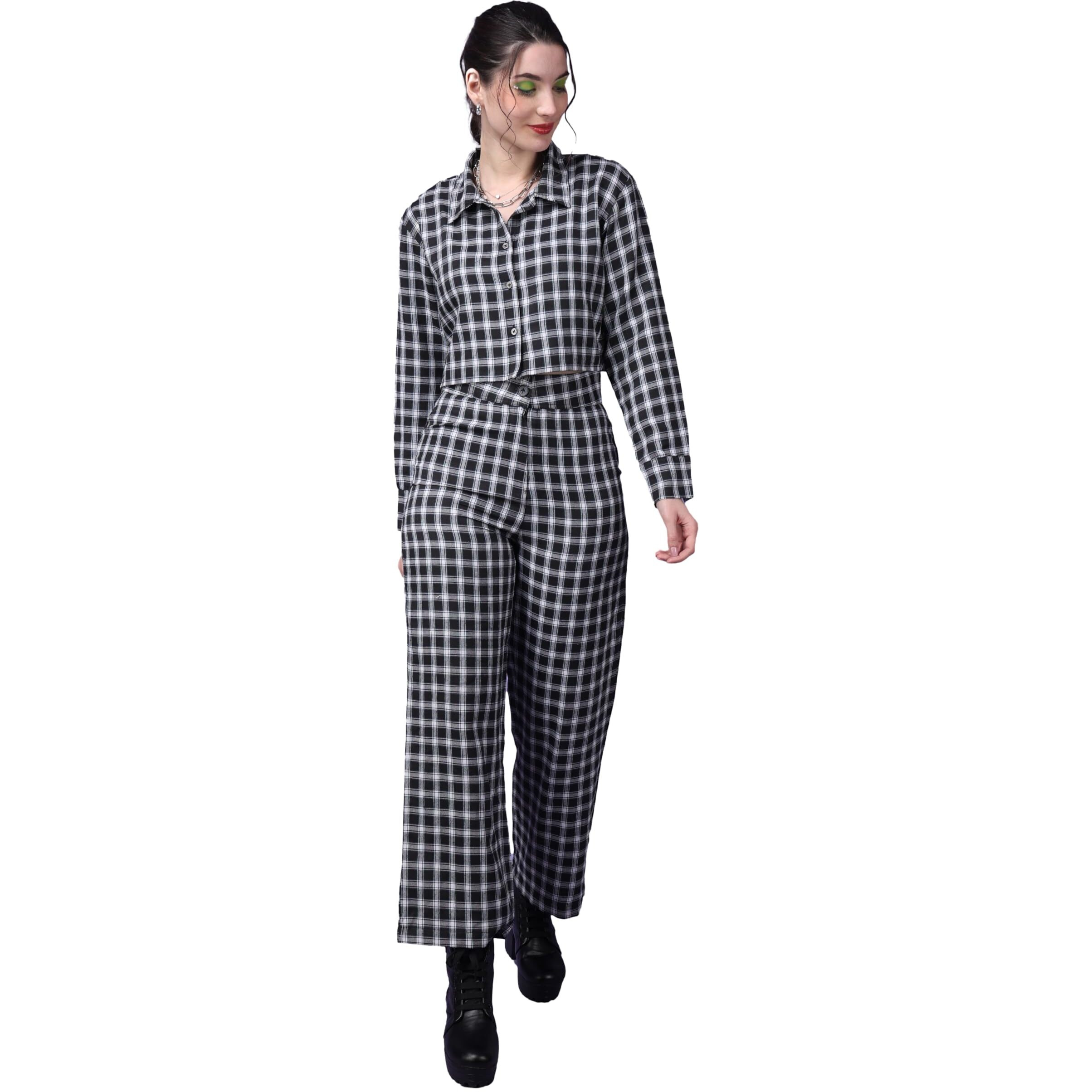 Popwings Casual Checks Print Crop Shirt And Trouser Co-Ord Set For Women | Shirt And Pant Co-Ord Set For Women | Full Sleeves Co-Ord Set For Women | Western 2 Piece Set For Women Grey