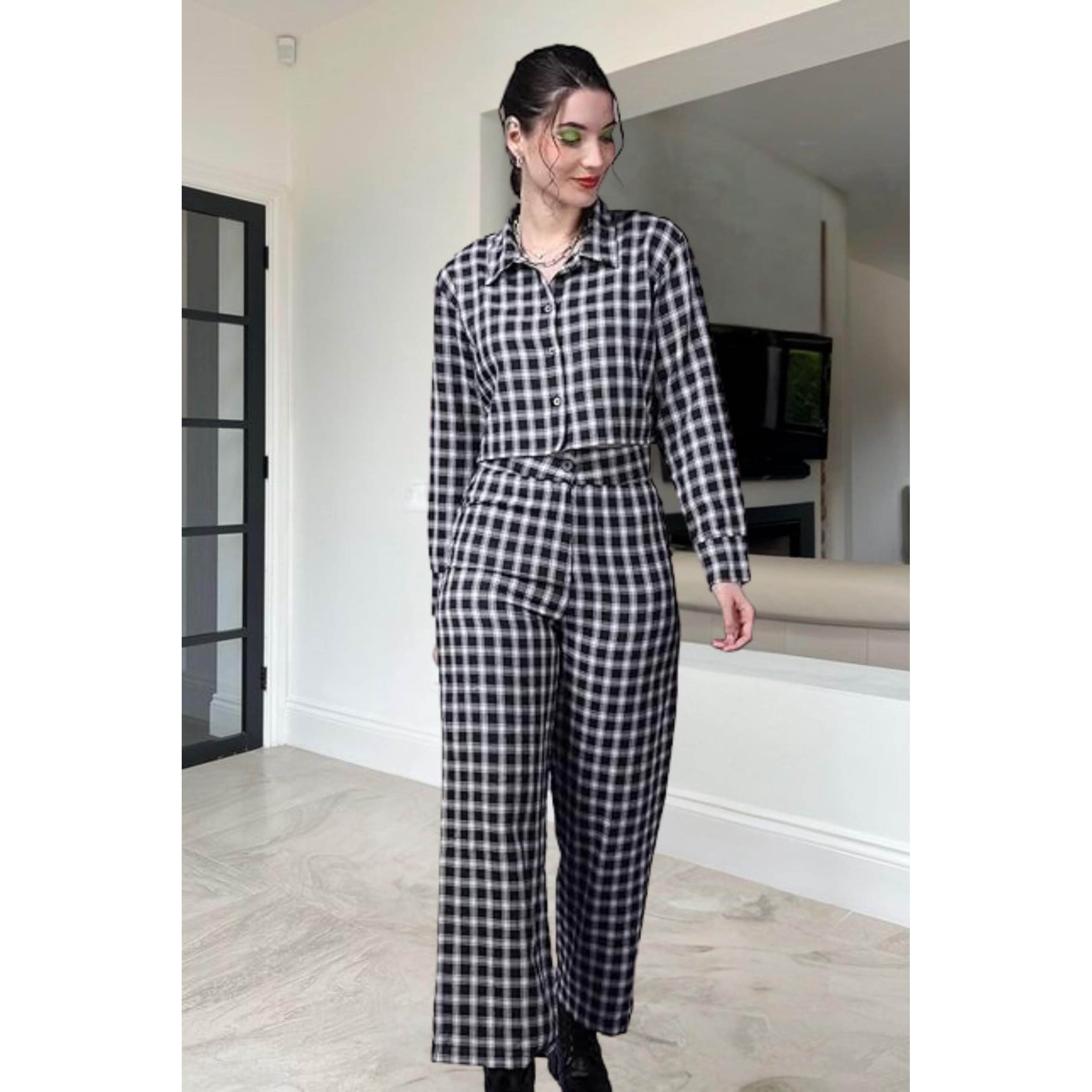 Popwings Casual Checks Print Crop Shirt And Trouser Co-Ord Set For Women | Shirt And Pant Co-Ord Set For Women | Full Sleeves Co-Ord Set For Women | Western 2 Piece Set For Women Grey