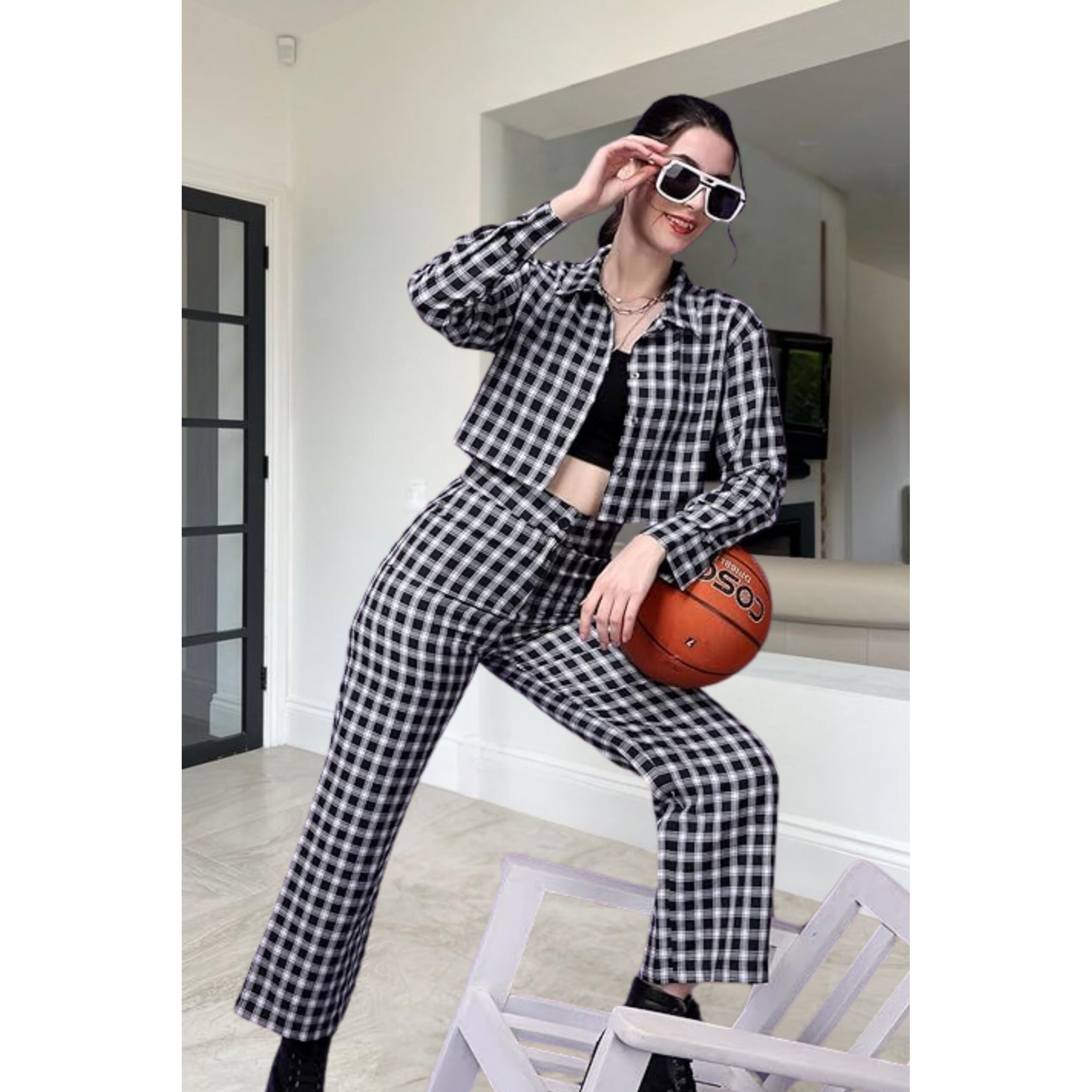 Popwings Casual Checks Print Crop Shirt And Trouser Co-Ord Set For Women | Shirt And Pant Co-Ord Set For Women | Full Sleeves Co-Ord Set For Women | Western 2 Piece Set For Women Grey