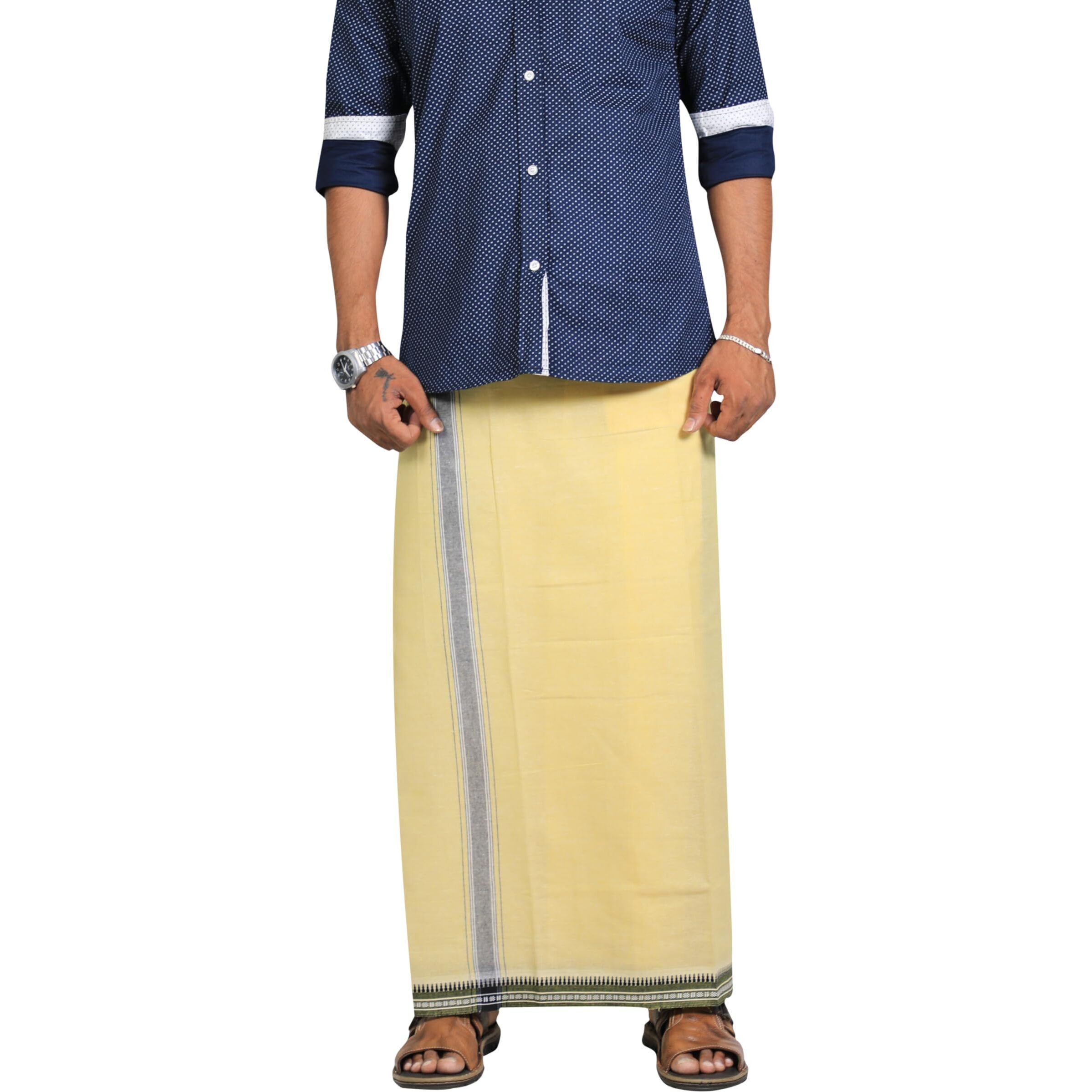 Prakasam Cotton Mens Single (1.28 X 2.00 Mtrs) Colour Thalapathi Border Dhoti/Fine Quality Single Dhoti (Yellow)