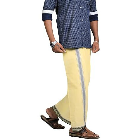 Prakasam Cotton Mens Single (1.28 X 2.00 Mtrs) Colour Thalapathi Border Dhoti/Fine Quality Single Dhoti (Yellow)