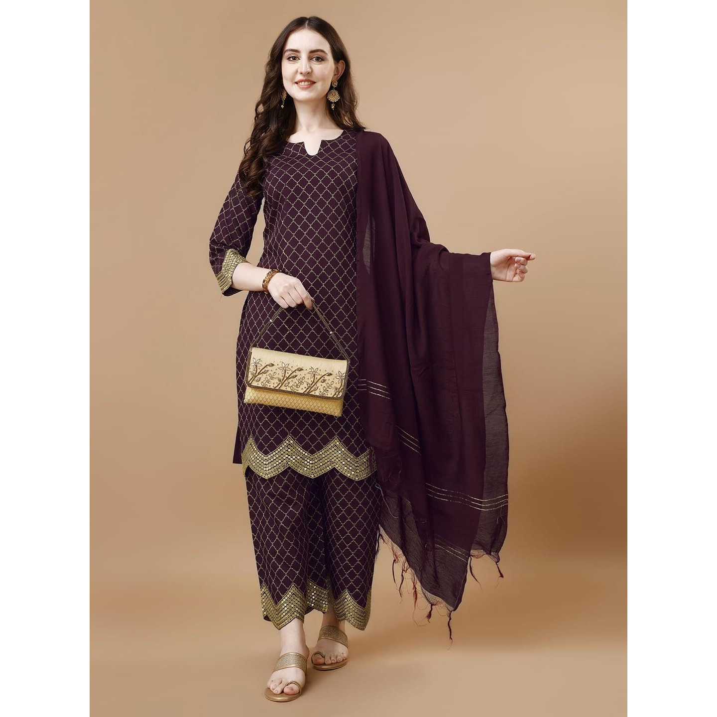 Pratham Blue Kurta Set For Women Silk Embroidered Straight Kurta Set For Women With Palazzos And Dupatta (Pb-6088-Xl_Purple)