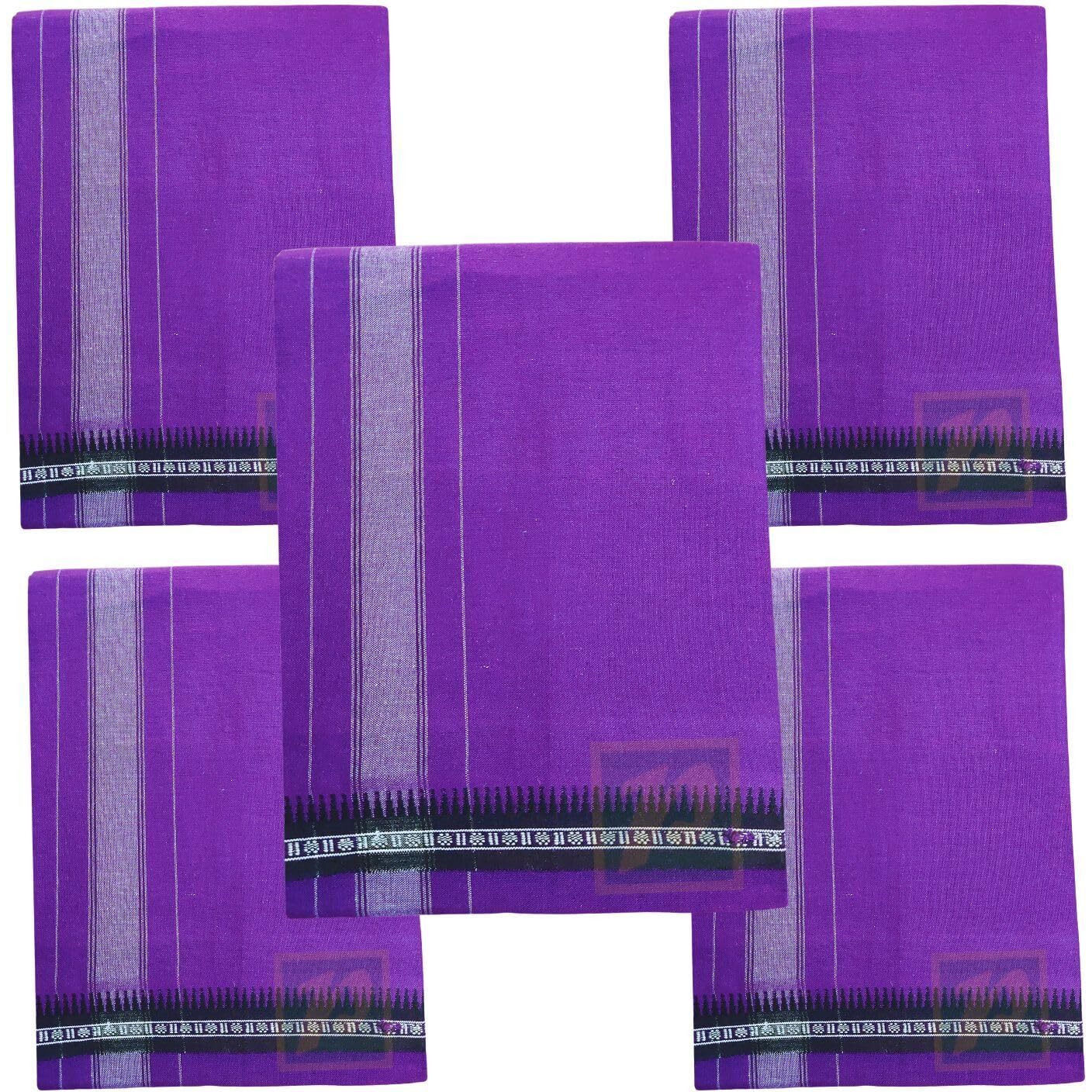 Prakasam Cotton Mens Single (1.28 X 2.00 Mtrs) Colour Thalapathi Border Dhoties/Fine Quality Single Dhoties (Violet)-Pack Of 5 Dhoties