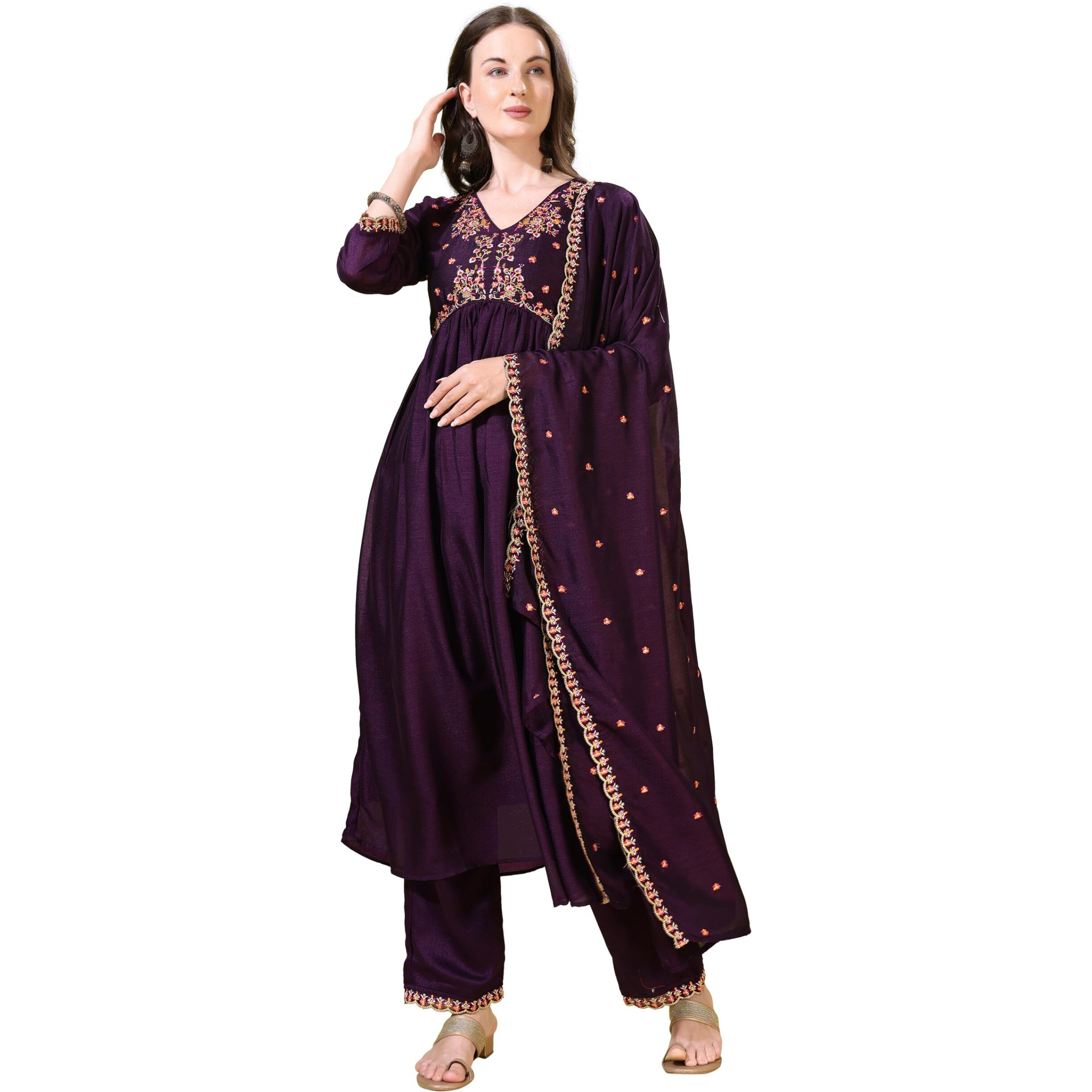 Pratham Blue Women's Silk Embroidered Anarkali Kurta Palazzos With Dupatta |Kurta Sets For Women | Women Embroidered Kurta Sets Kurtis |Women Kurta Pant Set (Bkp-1002-S_Purple)