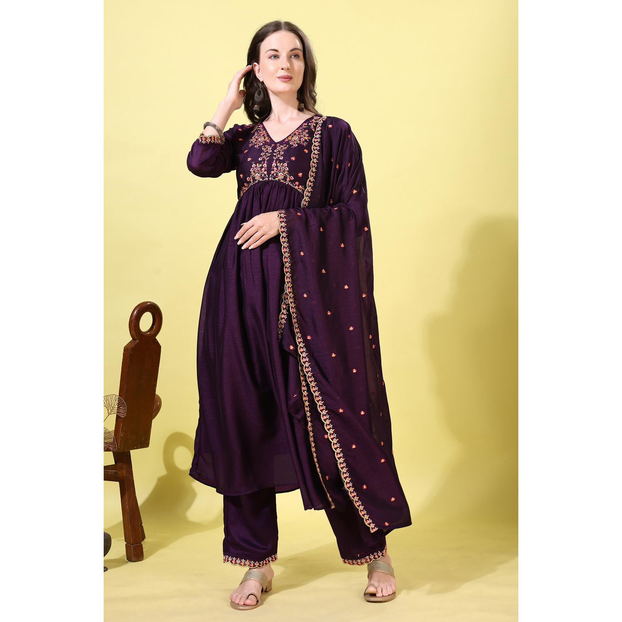 Pratham Blue Women's Silk Embroidered Anarkali Kurta Palazzos With Dupatta |Kurta Sets For Women | Women Embroidered Kurta Sets Kurtis |Women Kurta Pant Set (Bkp-1002-S_Purple)