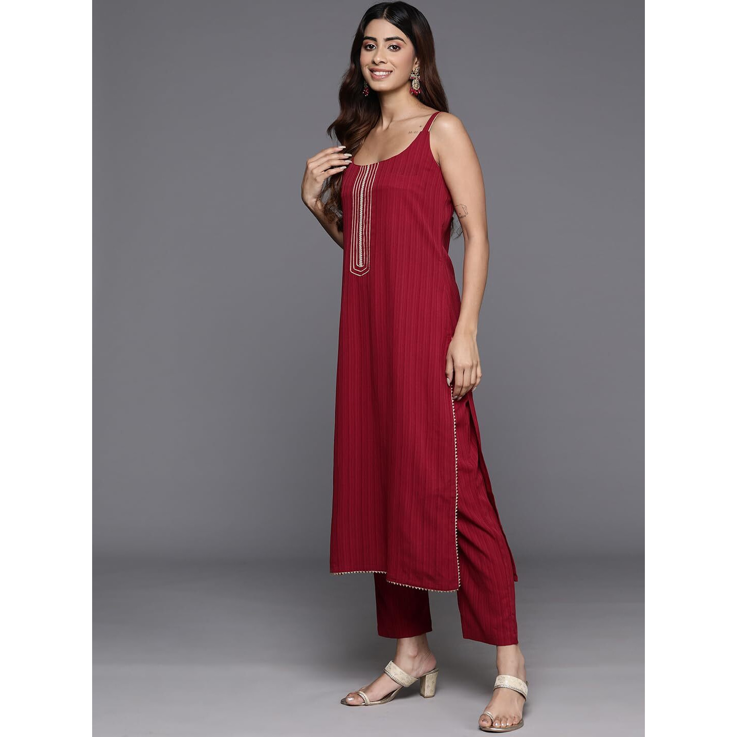 Varanga Women Maroon Round Neck, Spaghetti Strap Style Straight Kurta Paired With Tonal Bottom And Dupatta