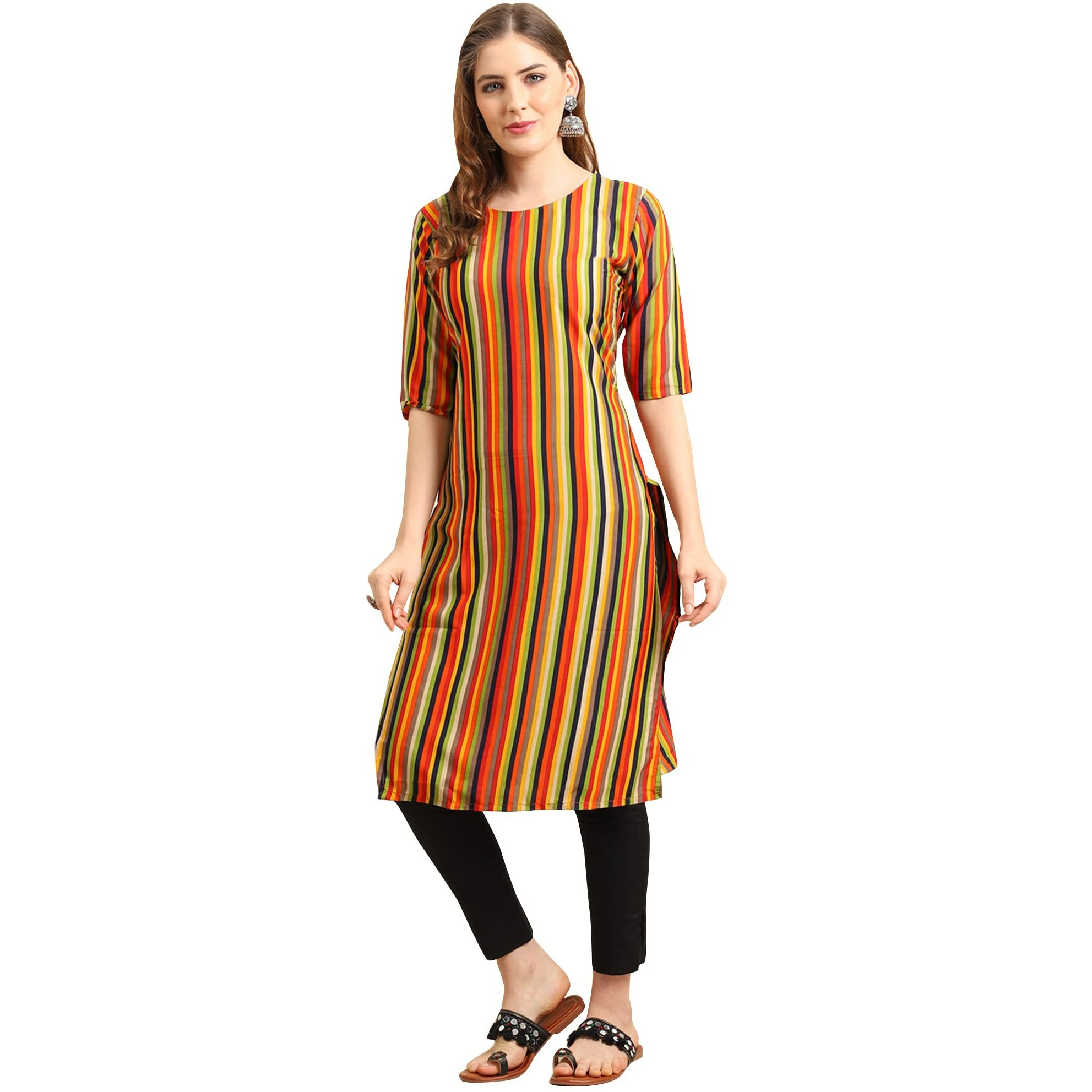 Pinkmint Women's Crepe Multicolor Stripe Printed Straight Kurti (530356-Xxl)