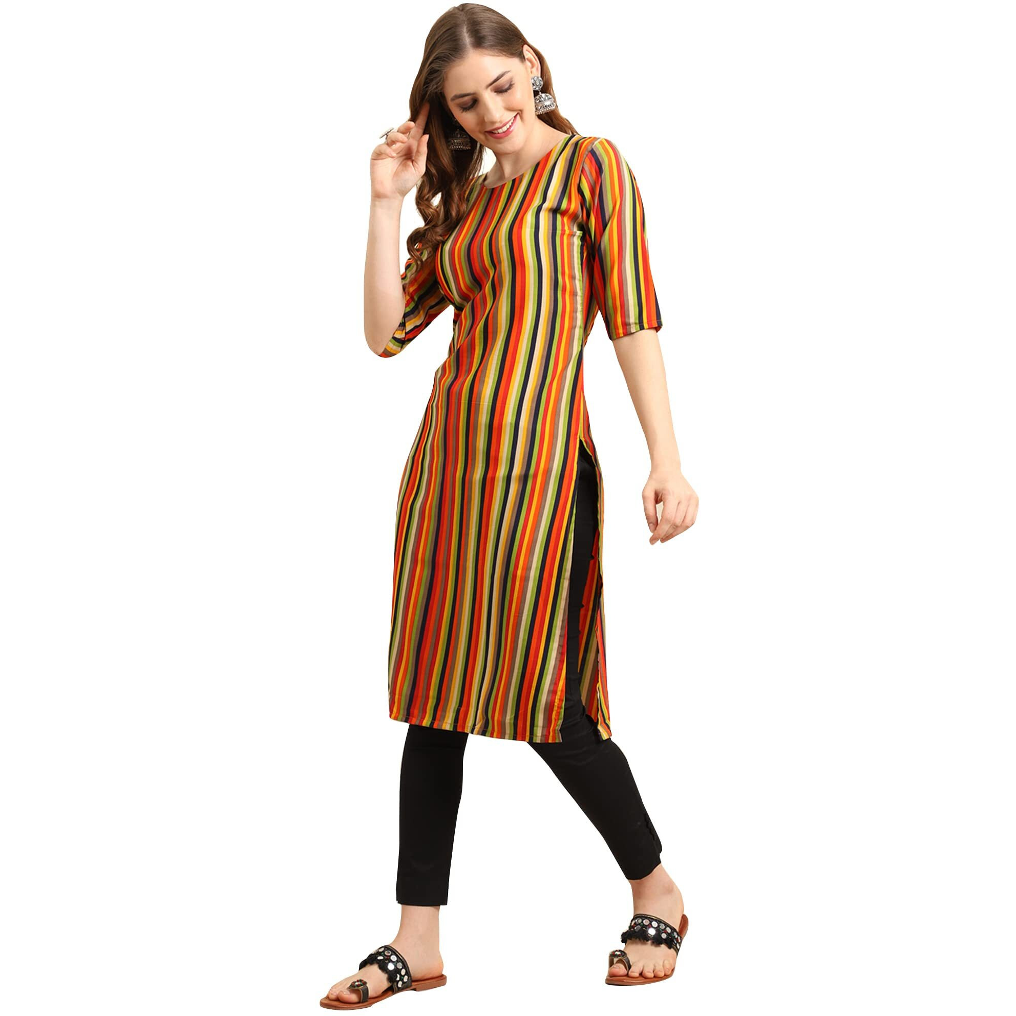 Pinkmint Women's Crepe Multicolor Stripe Printed Straight Kurti (530356-Xxl)