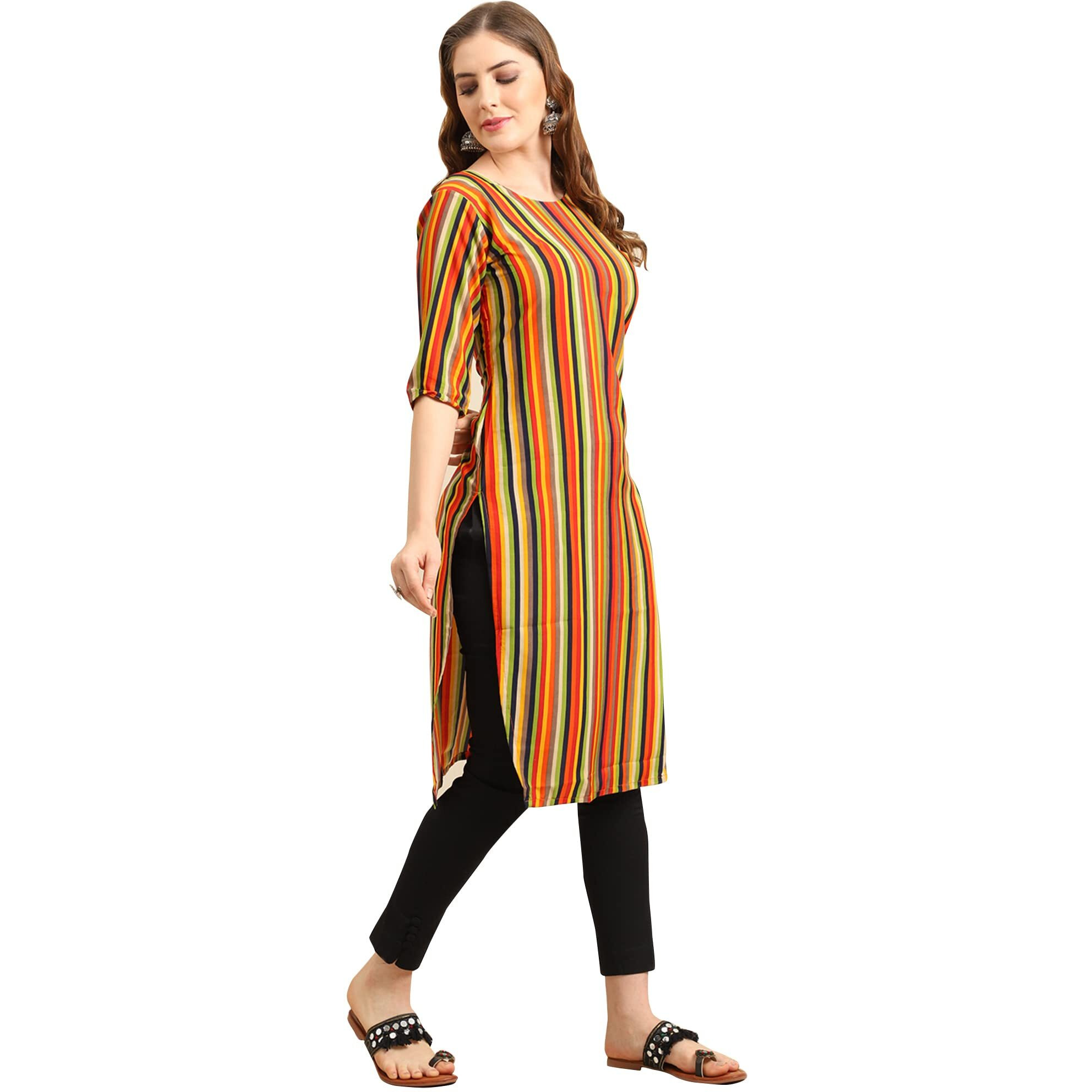 Pinkmint Women's Crepe Multicolor Stripe Printed Straight Kurti (530356-Xxl)