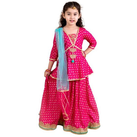 Pspeaches Girls Magenta Blue Printed Ready To Wear Lehenga Blouse With Dupatta (Pink-5-6Y)