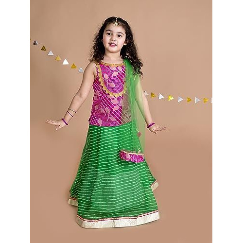 Pspeaches Girls Green Pink Ready To Wear Lehenga Blouse With Dupatta (Pink-6-7Y)