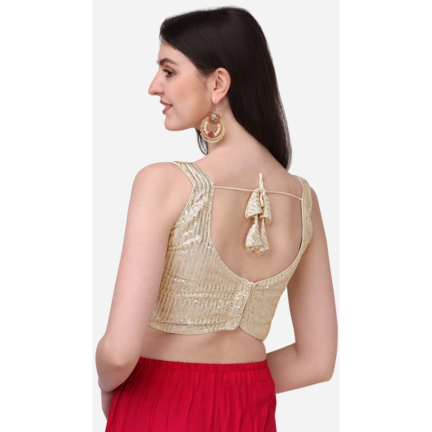 Vihu Fashion Women's Multicolor Sweetheart Neck Georgette Line Soft Sequence Zari Work Sleeves Readymade Saree Blouse (Cream, 36)