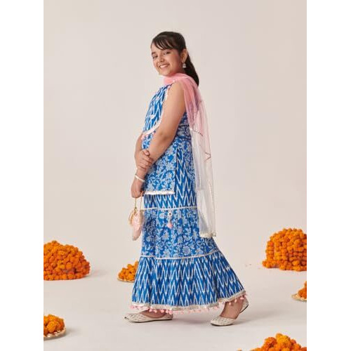 Pspeaches Girl's Cotton Sharara Set (Sha-Bluemirroryoke-4-5Y_Blue