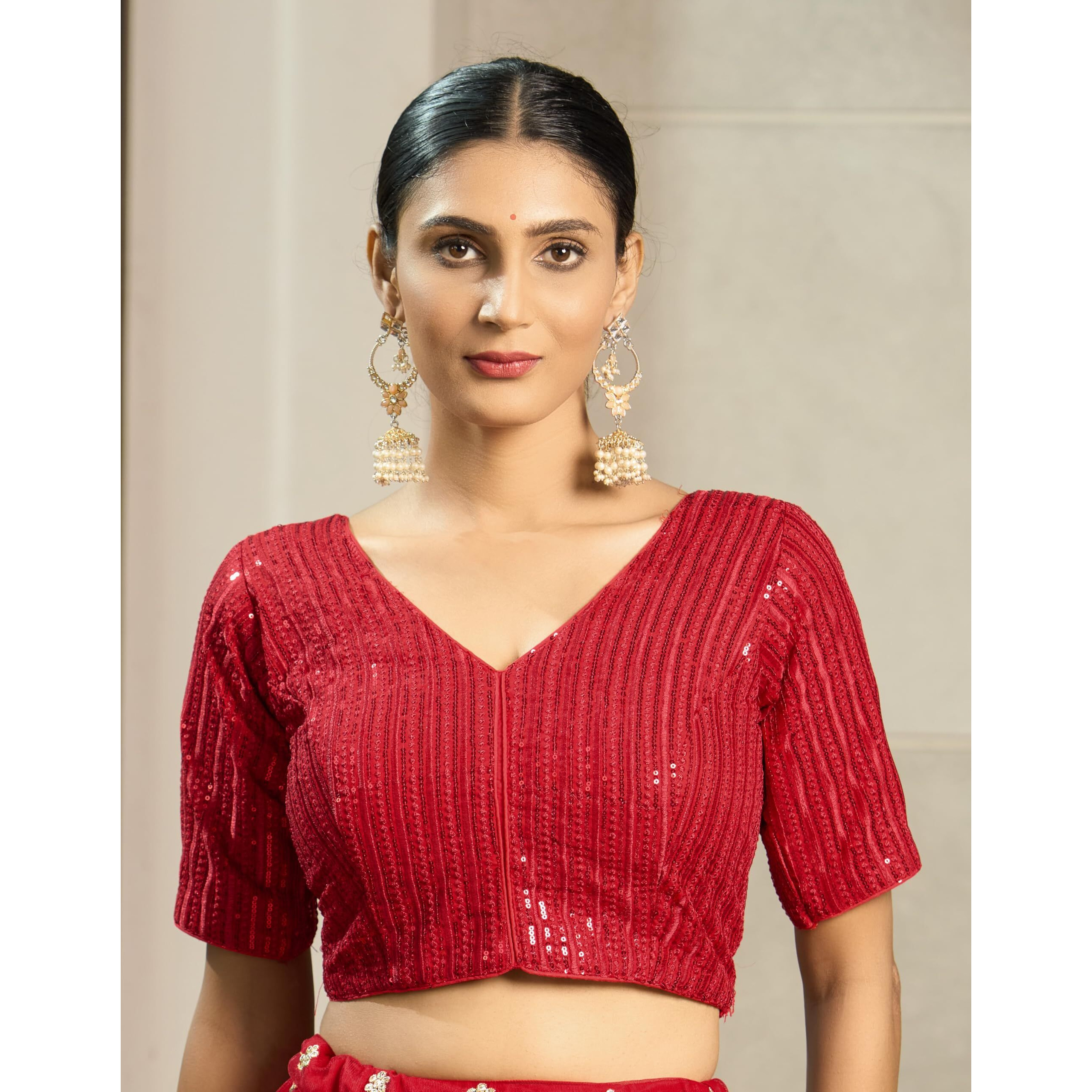 Vihu Fashion Women's Indian Ethnic Wear Designer Silver Sequence With Matching Embroidered Work V Neck Half Sleeve Readymade Padded Saree Blouse Readymade Unique Red Color Saree Blouse