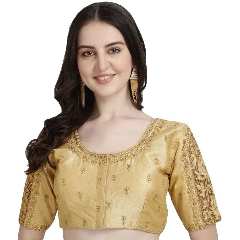 Pujia Mills Women's Silk Flower Embroidery Sleeves Cut Work Half Sleeve Readymade Saree Blouse (Gulab Rose_Chiku_38)