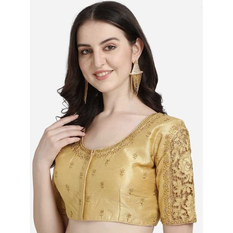 Pujia Mills Women's Silk Flower Embroidery Sleeves Cut Work Half Sleeve Readymade Saree Blouse (Gulab Rose_Chiku_38)