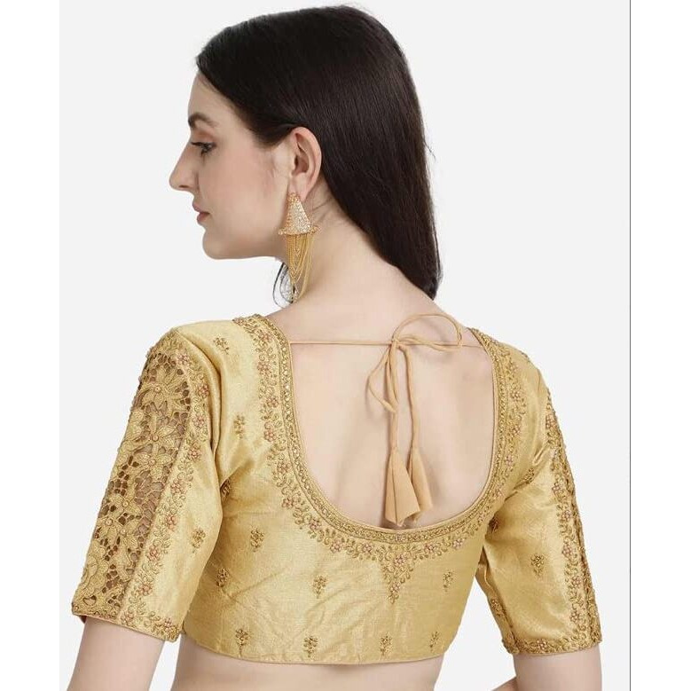 Pujia Mills Women's Silk Flower Embroidery Sleeves Cut Work Half Sleeve Readymade Saree Blouse (Gulab Rose_Chiku_38)