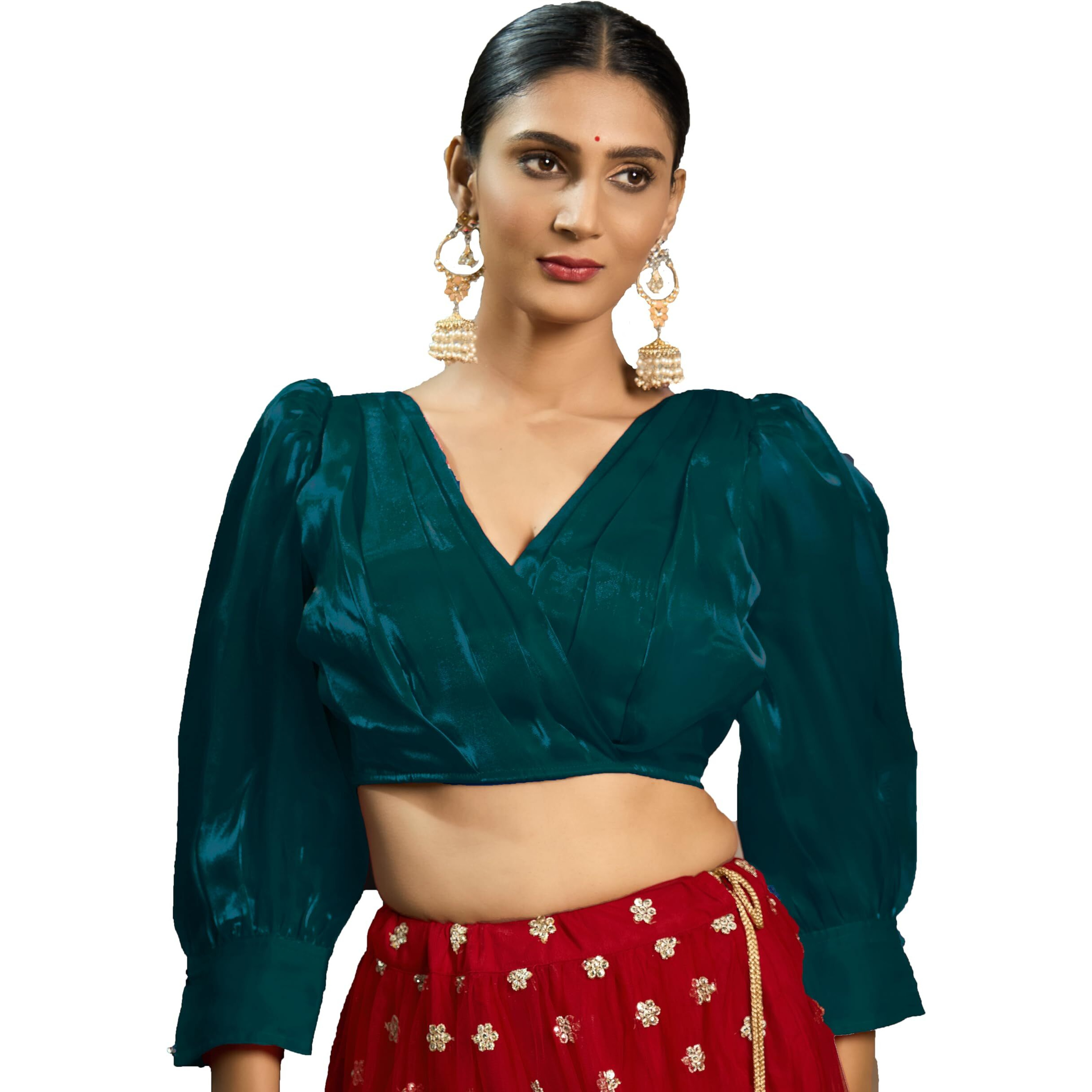 Pujia Mills Women's Rafale Silk Full Balloon Sleeve V Neck Blouse(Gangu) (Morpeach, 36)