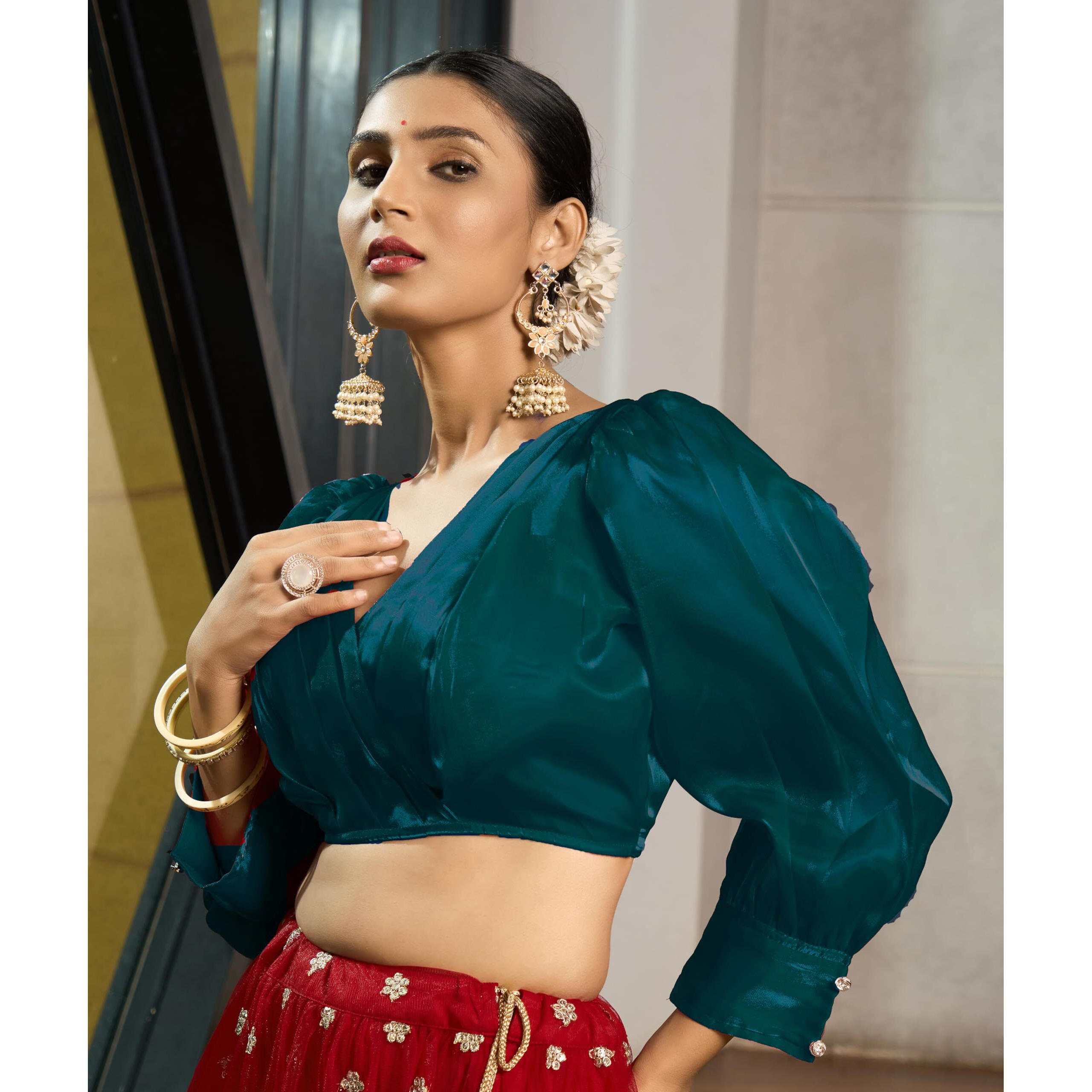 Pujia Mills Women's Rafale Silk Full Balloon Sleeve V Neck Blouse(Gangu) (Morpeach, 36)