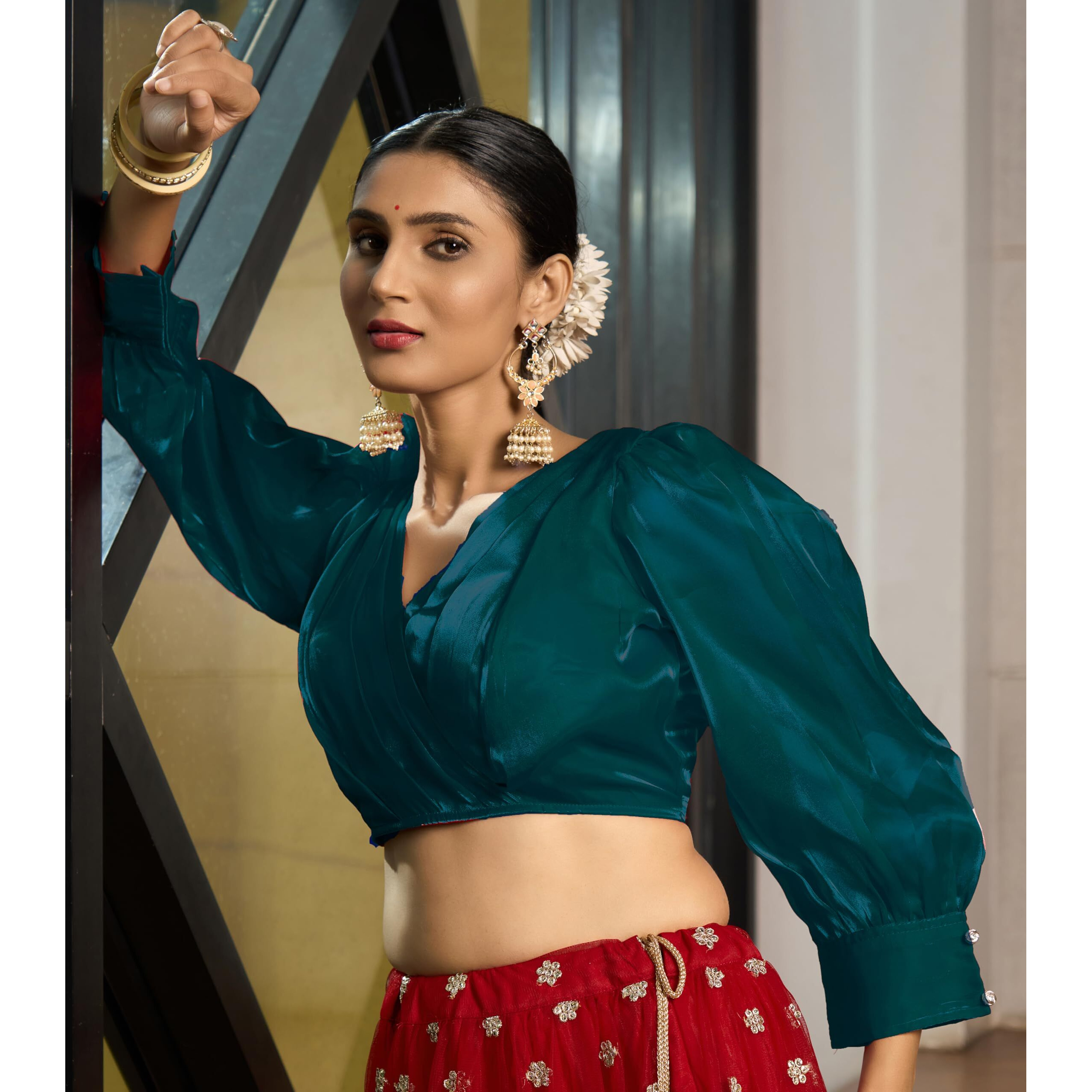 Pujia Mills Women's Rafale Silk Full Balloon Sleeve V Neck Blouse(Gangu) (Morpeach, 36)