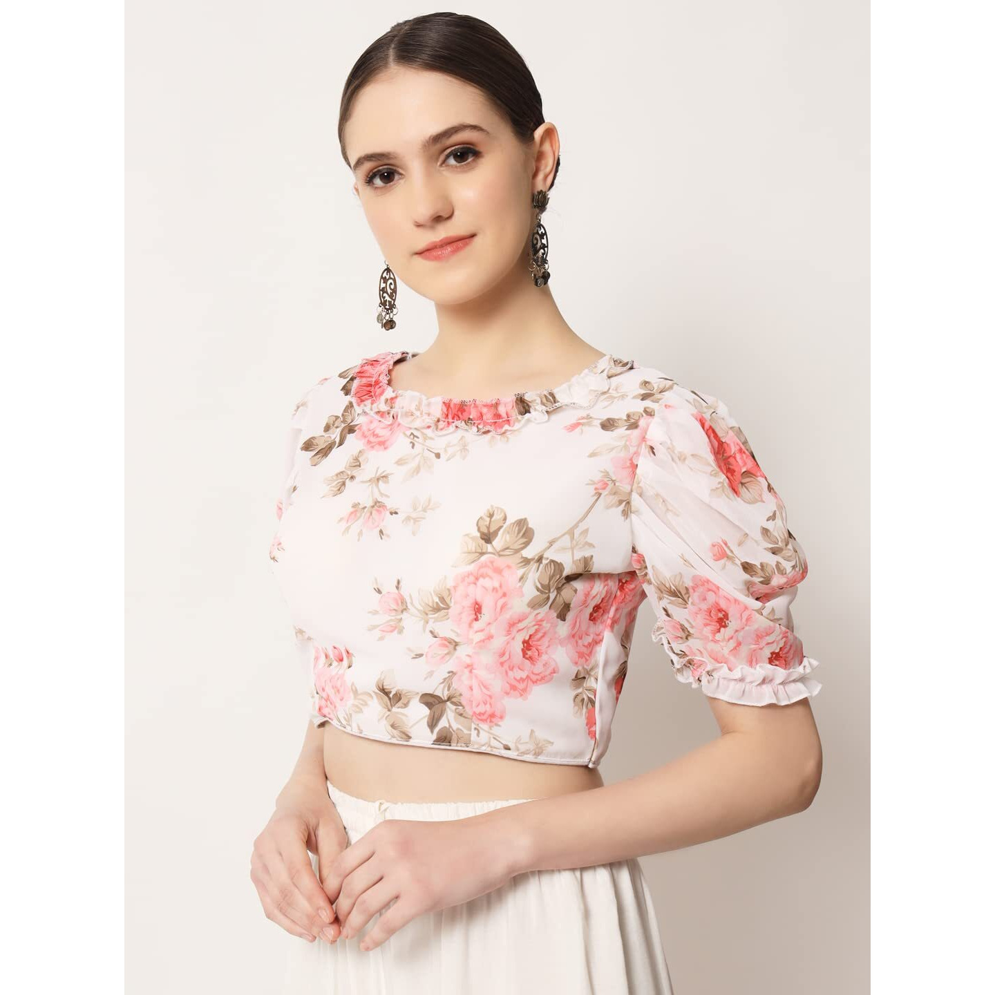 Pujia Mills Women's Floral Printed Georgett Puffy Sleeve Round Neck Line White Blouse (Moksha) (34, White)